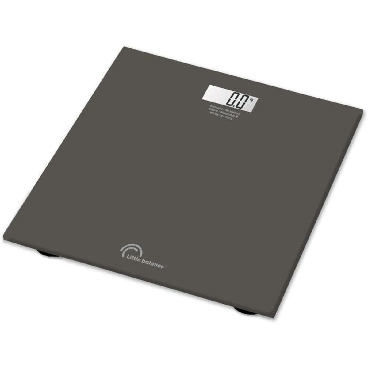 Eine graue digitale Badezimmerwaage mit einem angezeigten Gewicht von 0,0 kg.