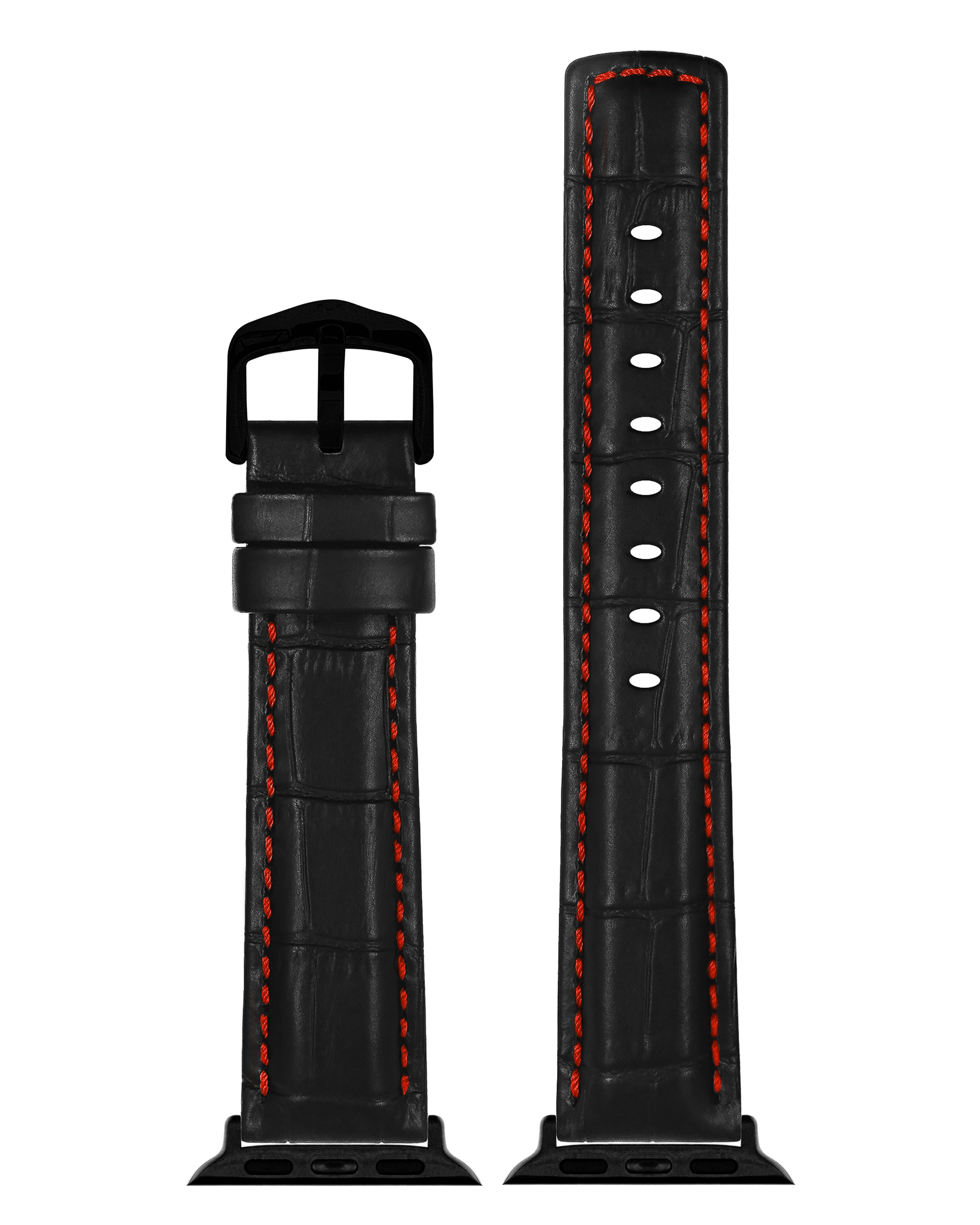 Zwei schwarze Uhrenarmbänder mit roten Nähten. Sie sind vertikal positioniert.