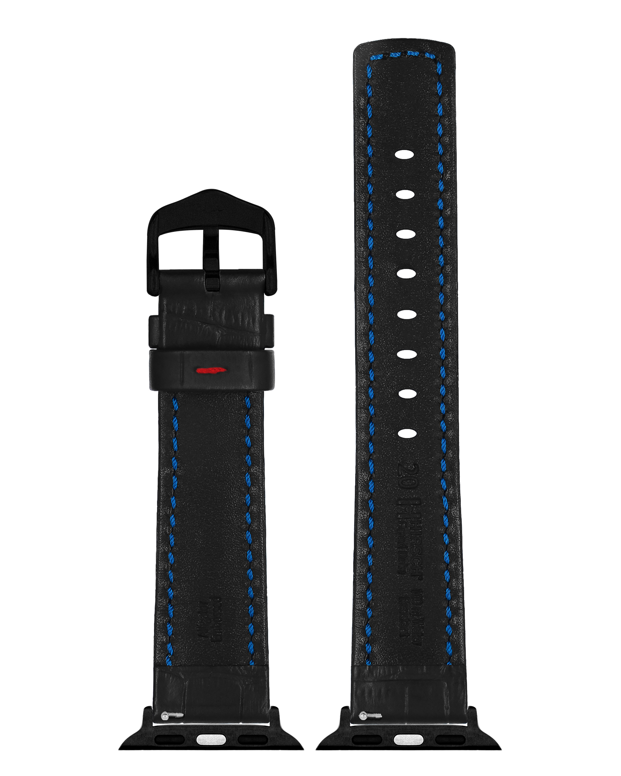 Zwei schwarze Uhrenarmbänder mit blauen Nähten. Sie sind vertikal positioniert.