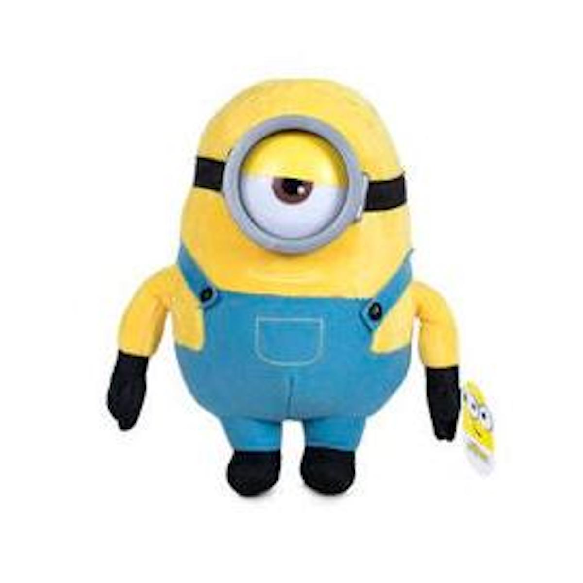 Gelbes Minion-Plüschtier mit blauen Overalls, schwarzen Handschuhen und Schuhen, und einem Auge.