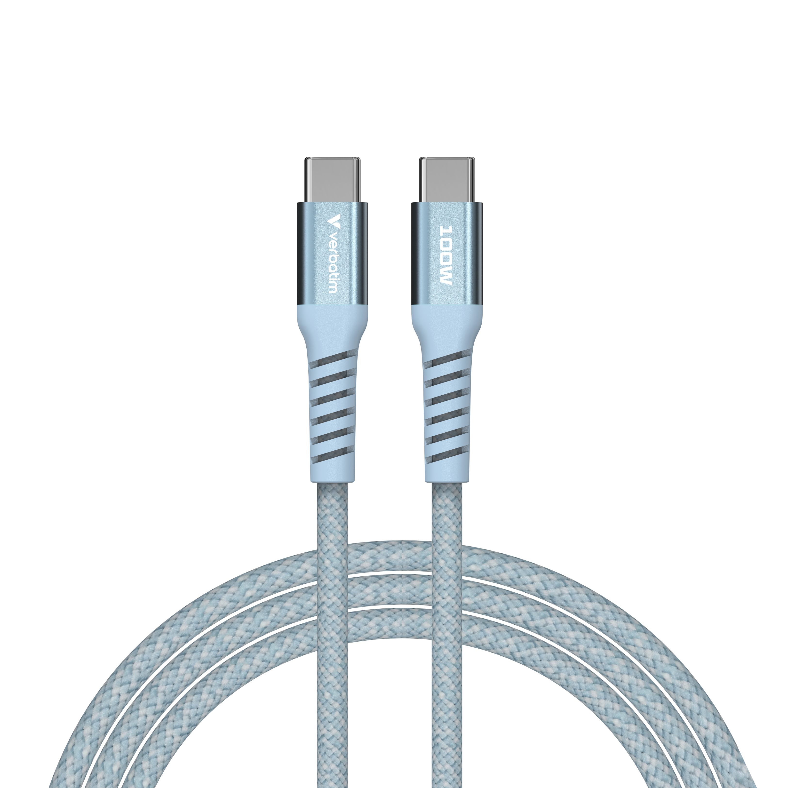 Een lichtblauwe USB-C-kabel met aan elk uiteinde een USB-C-connector. De kabel is opgerold.