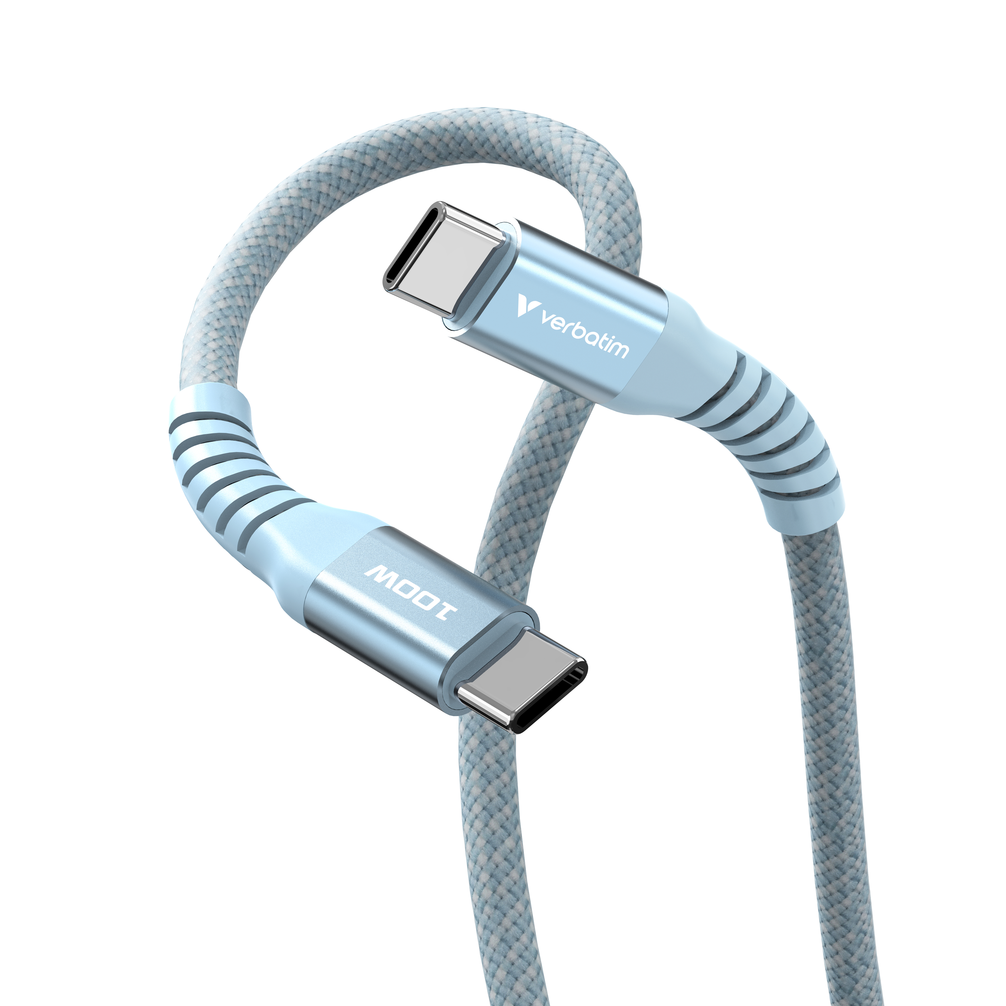 Lichtblauwe USB-C-kabel met zilveren connectoren, in een lus gebogen. Het merk 'Verbatim' is zichtbaar.