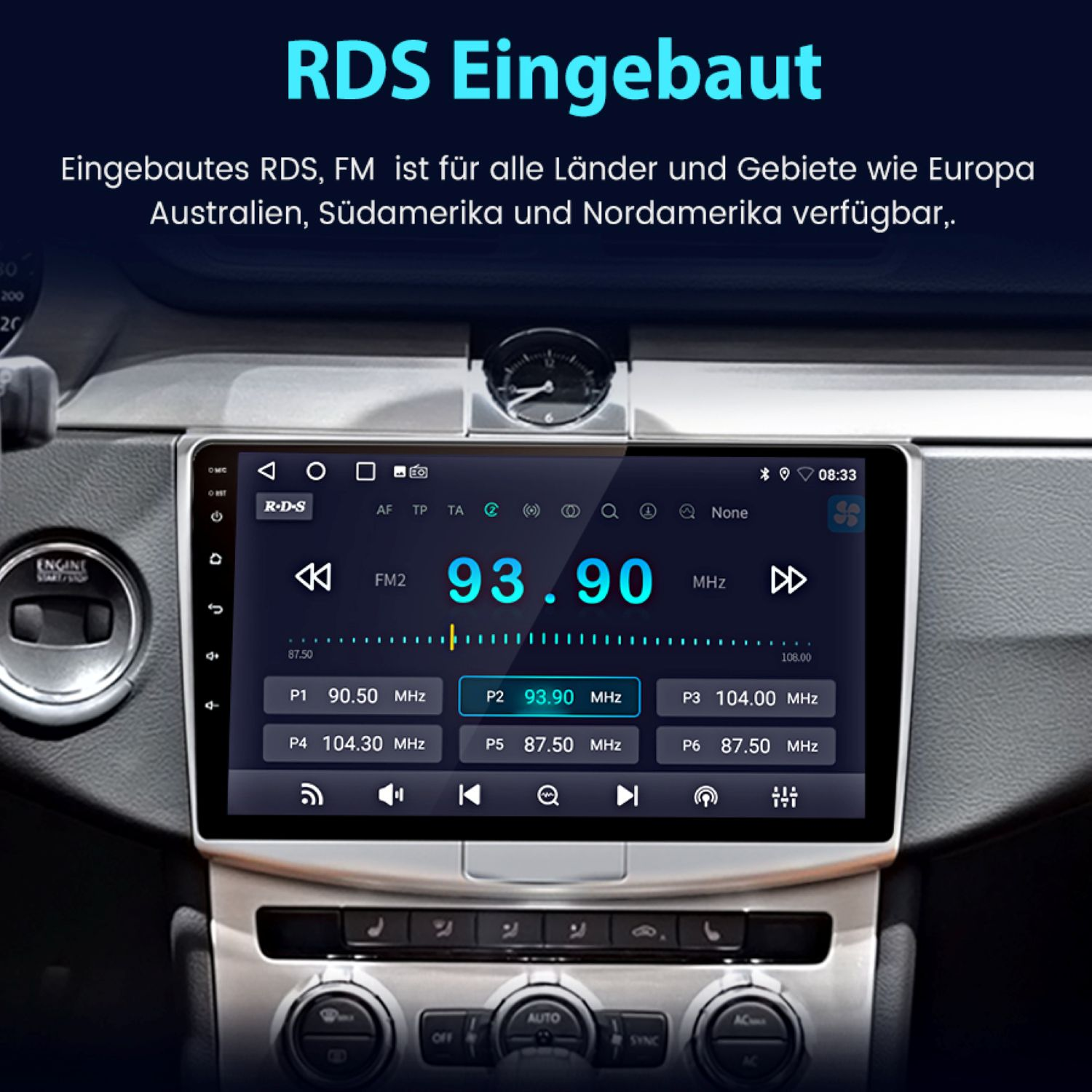 Ein Autoradio-Bildschirm, der eine Radioschnittstelle anzeigt. Er zeigt Frequenzinformationen und Radiosender-Voreinstellungen.