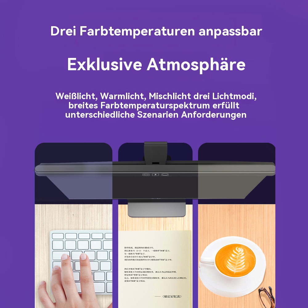 Ein Schreibtisch-Setup mit Monitor, Tastatur und einer Kaffeetasse. Die Szene wird von einer Schreibtischlampe beleuchtet.