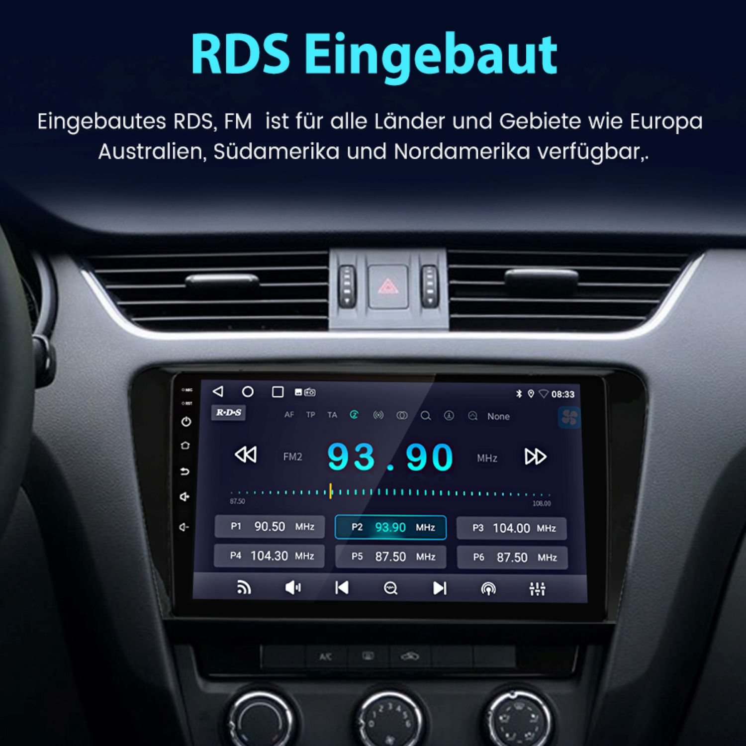 Auto-Multimediabildschirm mit Radioinformationen. Zeigt Frequenz und Senderinfo.