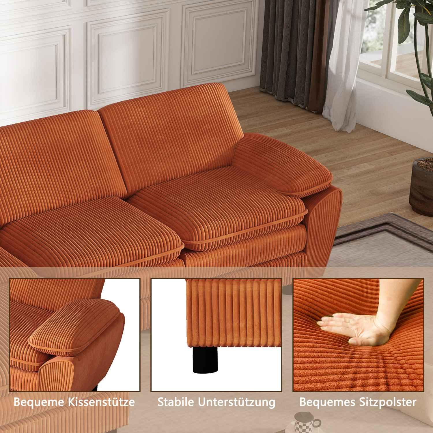 Nahaufnahme eines orangefarbenen Cordsofas. Details zu Kissen und Beinen werden gezeigt.