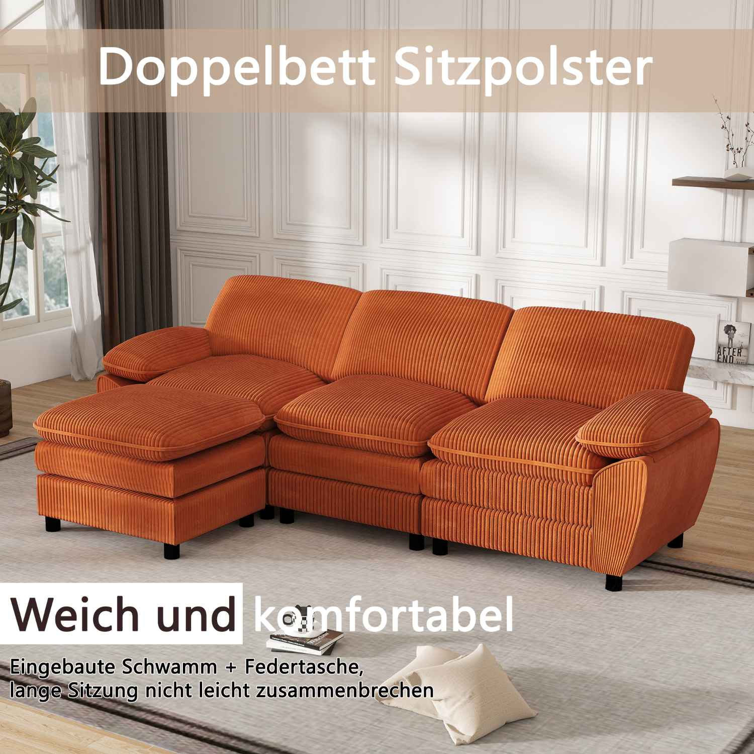 Ein orangefarbenes Ecksofa mit Chaiselongue. Text sagt 'Weich und komfortabel' mit Symbolen. Der Hintergrund hat einen Teppich.