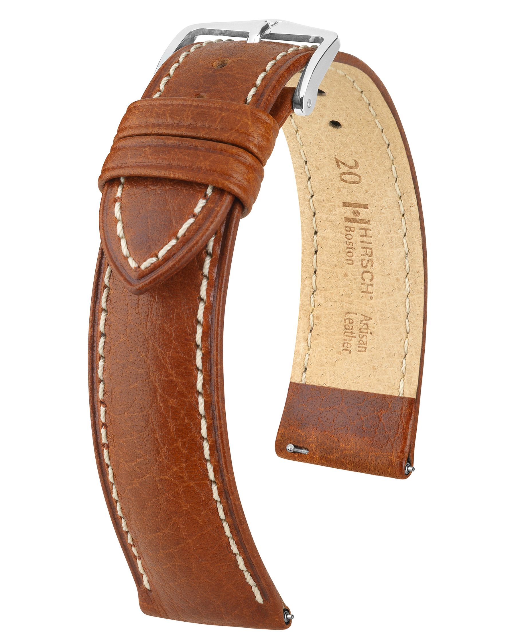 Ein braunes Lederuhrenarmband mit weißen Nähten. Das Armband hat eine Schnalle.