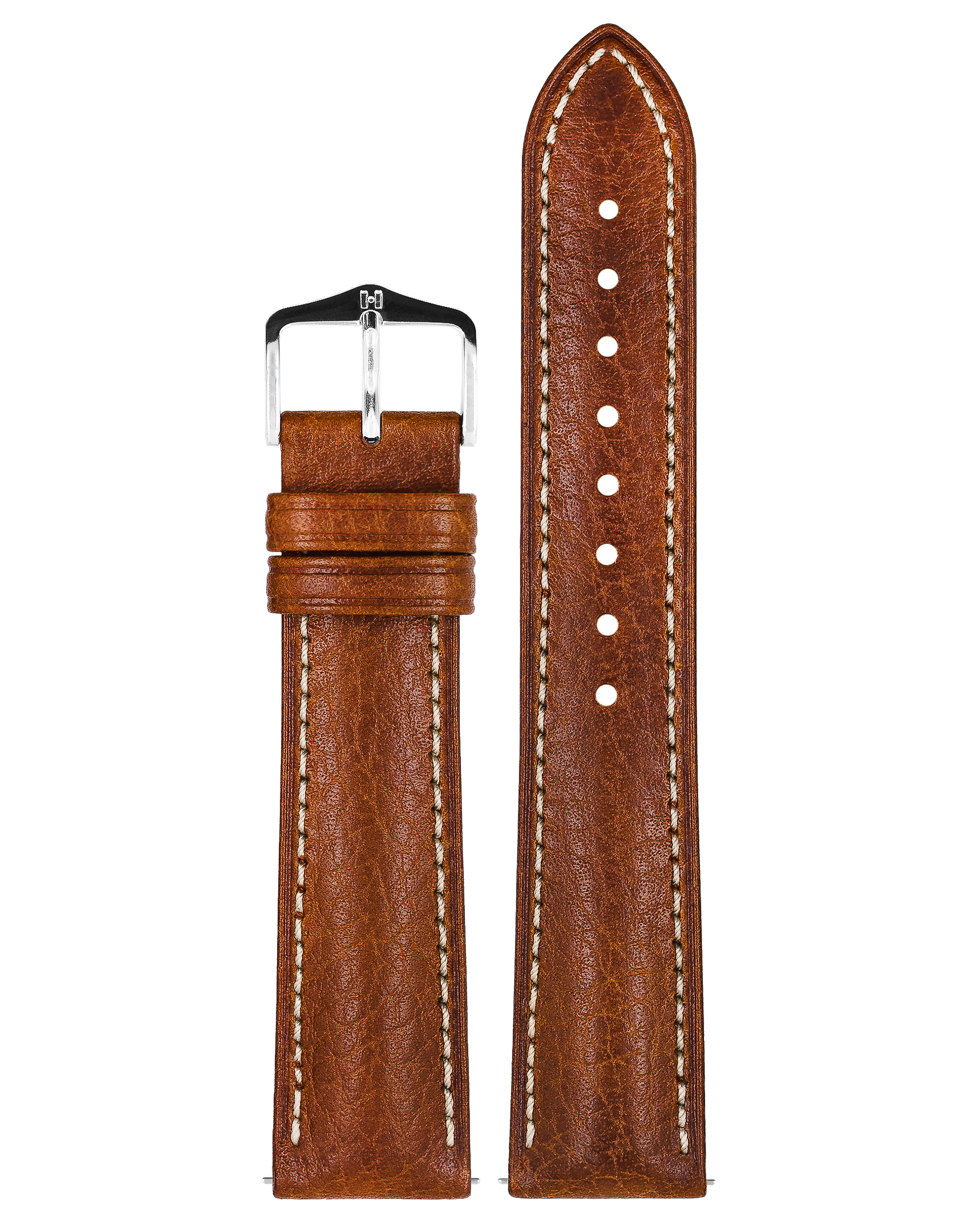 Ein braunes Lederuhrenarmband mit weißen Nähten. Das Armband ist nicht befestigt.