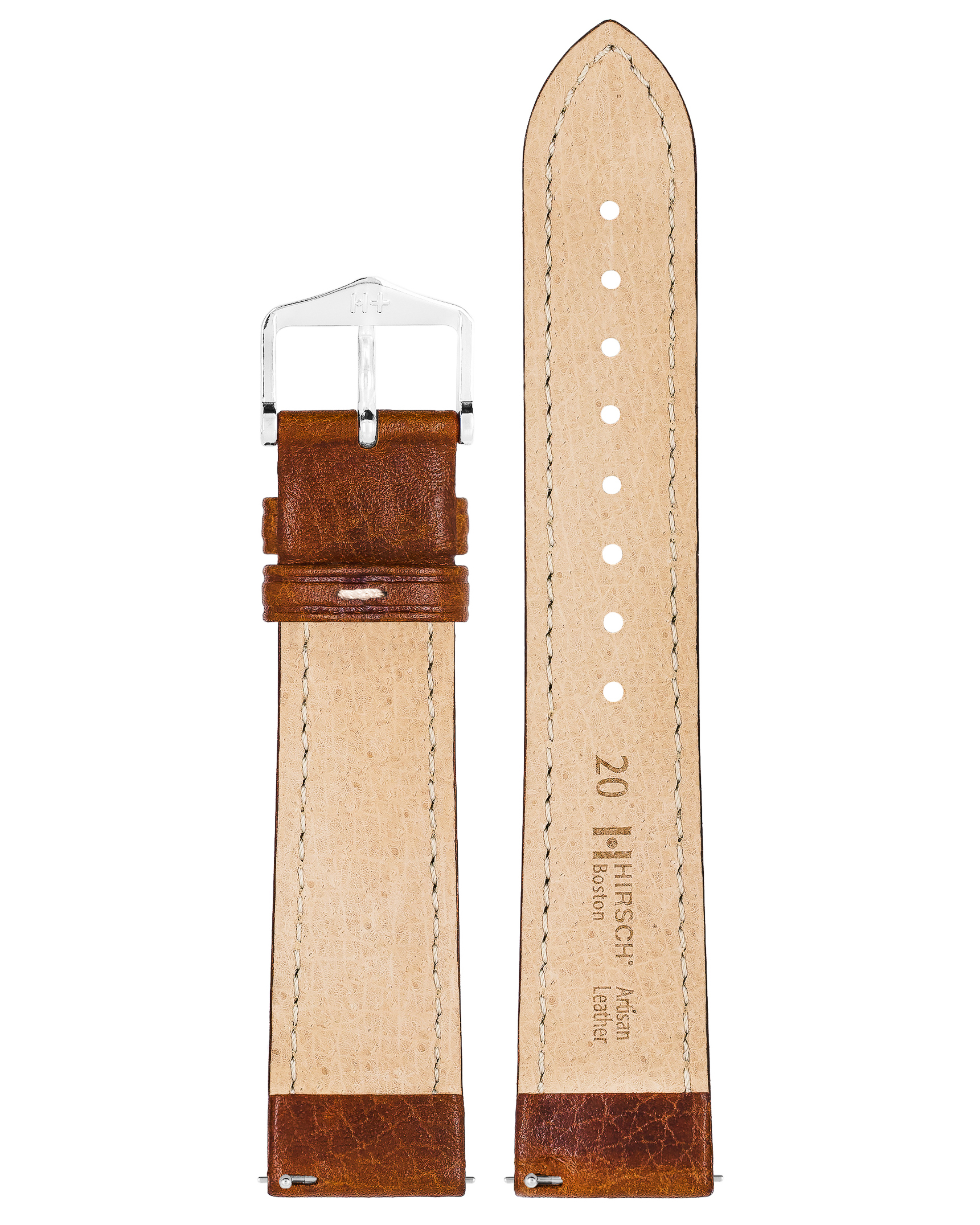 Ein braunes Lederuhrenarmband mit weißen Nähten. Das Armband ist nicht befestigt.