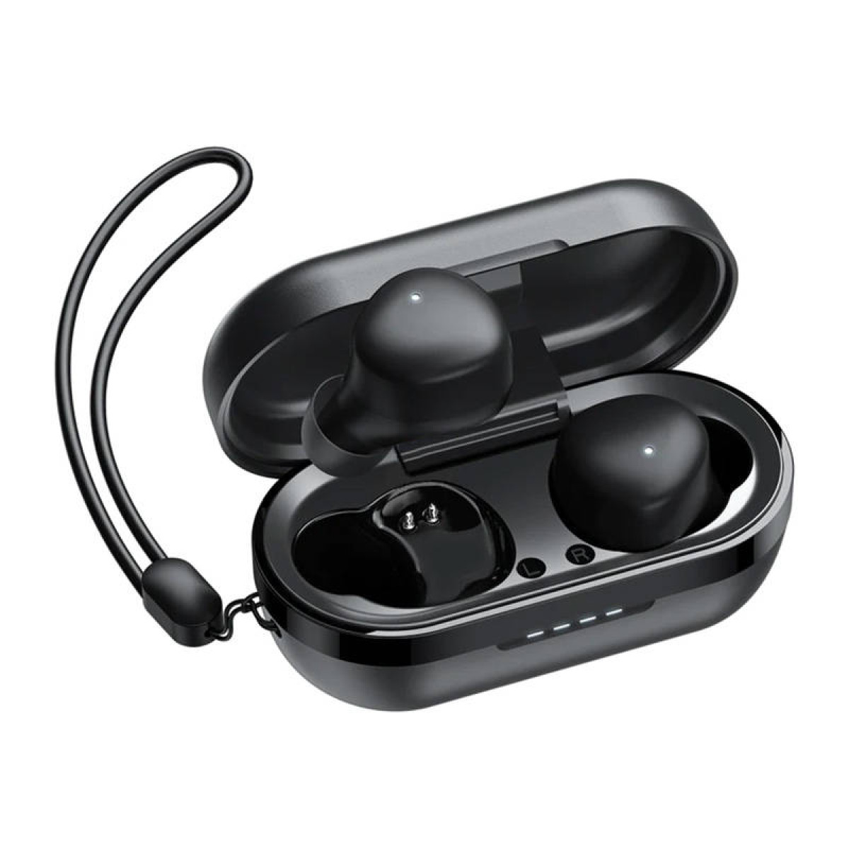 Auricolari wireless neri con custodia di ricarica. Auricolari all'interno della custodia aperta.