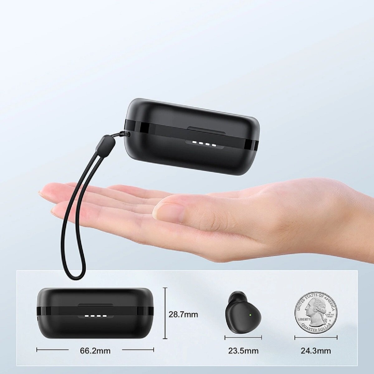 Custodia di ricarica per auricolari wireless neri con dimensioni e un quarto di dollaro per il confronto delle dimensioni.