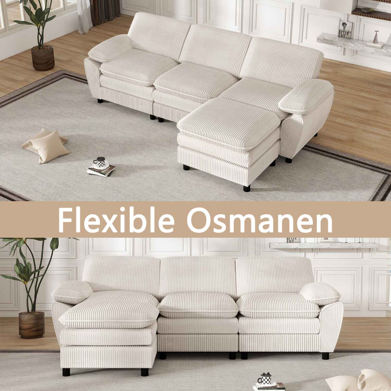 Zwei Bilder von cremefarbenen Ecksofas, die verschiedene Konfigurationen zeigen. Text überlagert.