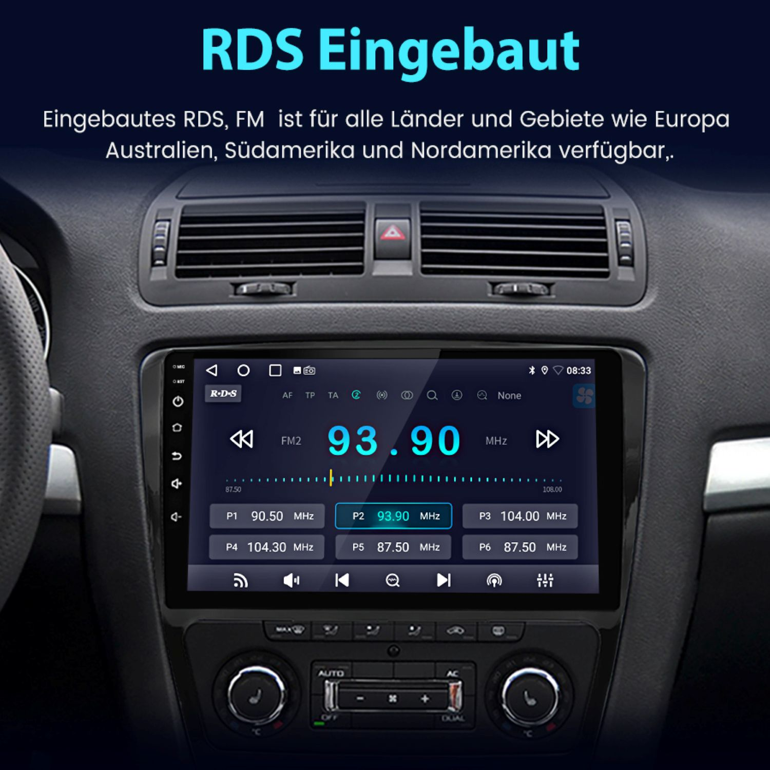 Autoradio-Bildschirm mit Radio-Oberfläche. Zeigt Radiofrequenz, RDS und Schaltflächen.