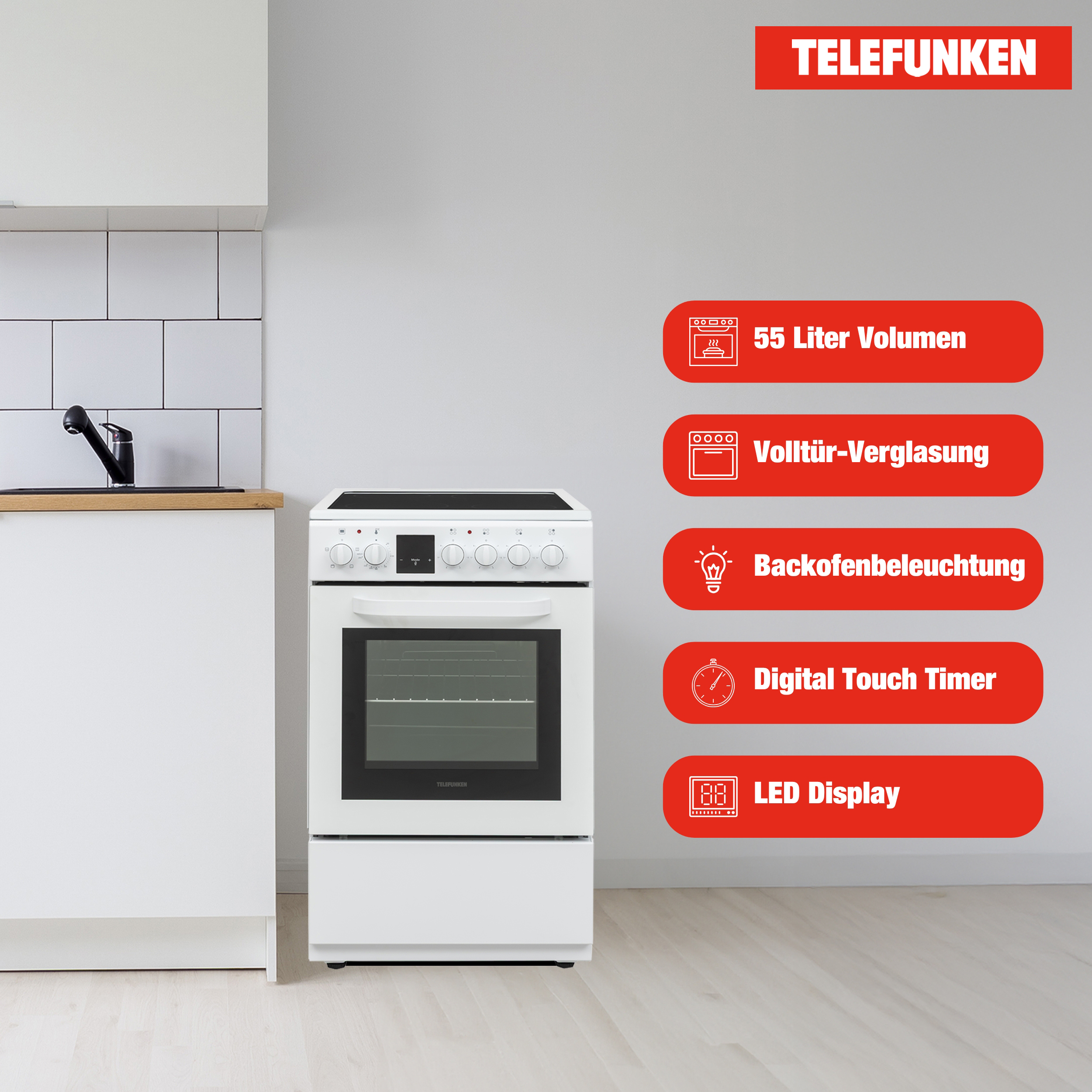 Ein weißer Elektroherd mit Symbolen, die Funktionen wie Volumen, Vollglas und LED-Anzeige anzeigen.