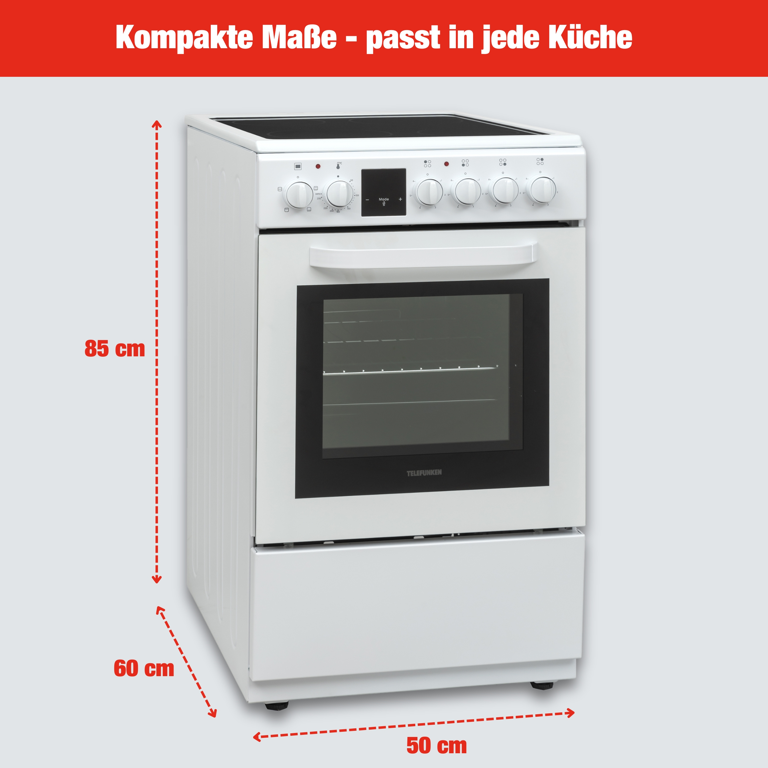 Weißer Elektroherd. Abmessungen: 85 cm hoch, 60 cm tief und 50 cm breit. Gestrichelte Linien heben die Maße hervor.