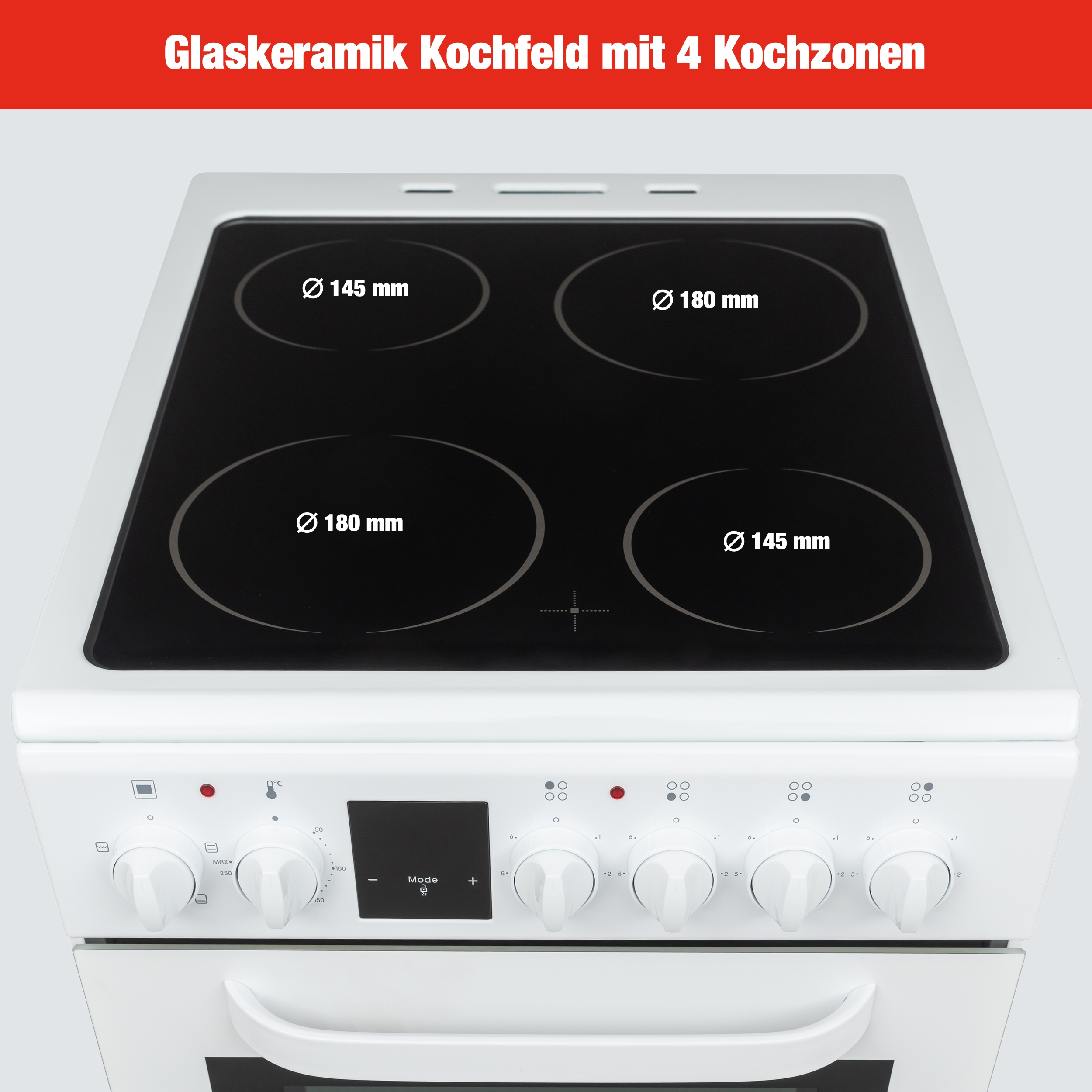 Nahaufnahme eines Kochfelds mit vier schwarzen Kochzonen. Das Kochfeld ist Teil eines weißen Herds.