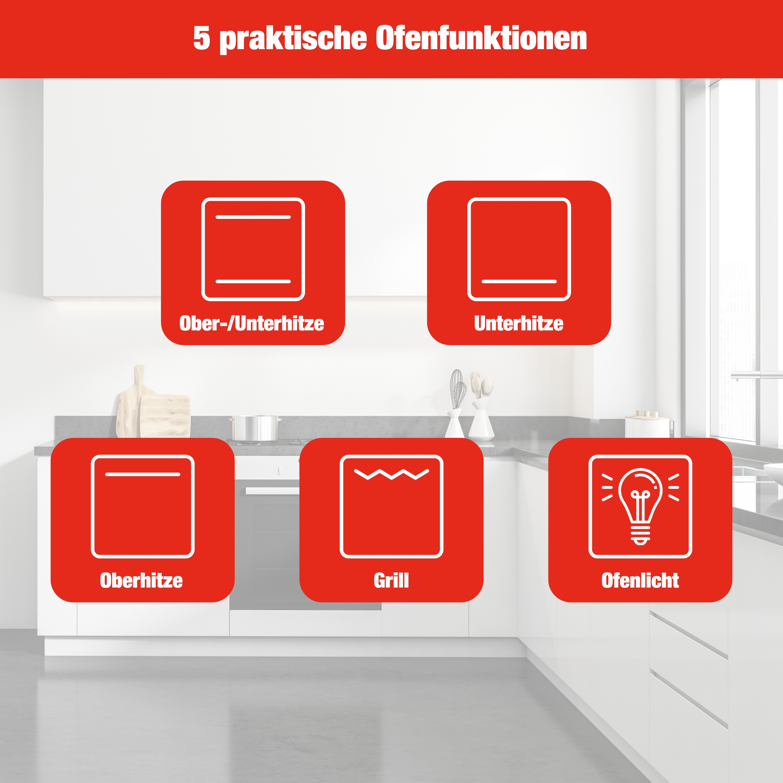 Symbole für Ofenfunktionen: Ober-/Unterhitze, Unterhitze, Oberhitze, Grill und Ofenlicht.