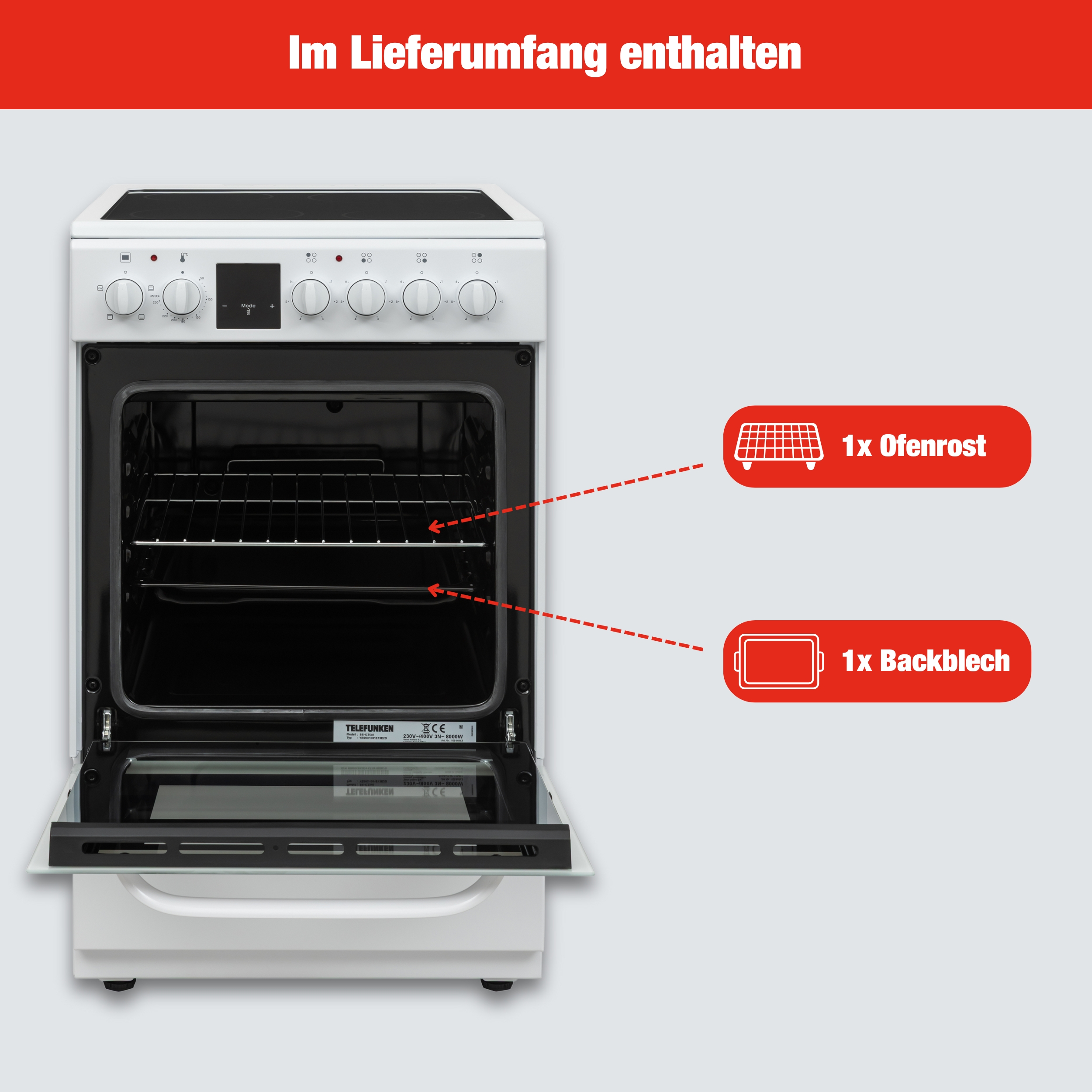 Ein weißer Elektrobackofen mit geöffneter Tür. Zeigt das Innere mit Rosten und einem Backblech.