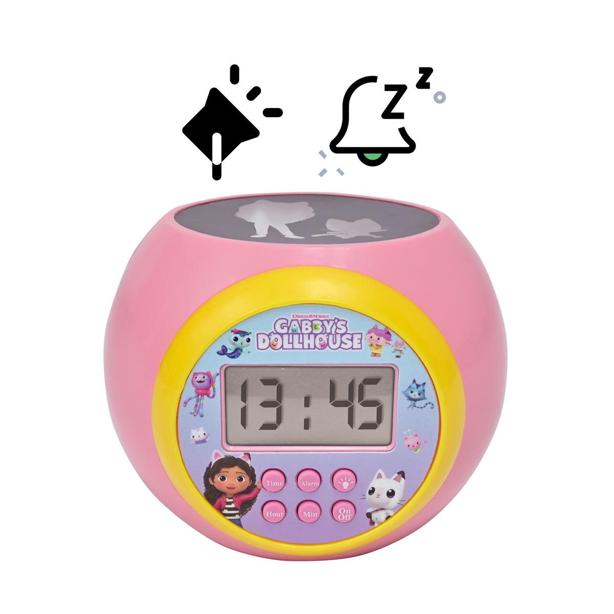 Sveglia rosa Gabby's Dollhouse, con icone sopra l'orologio.