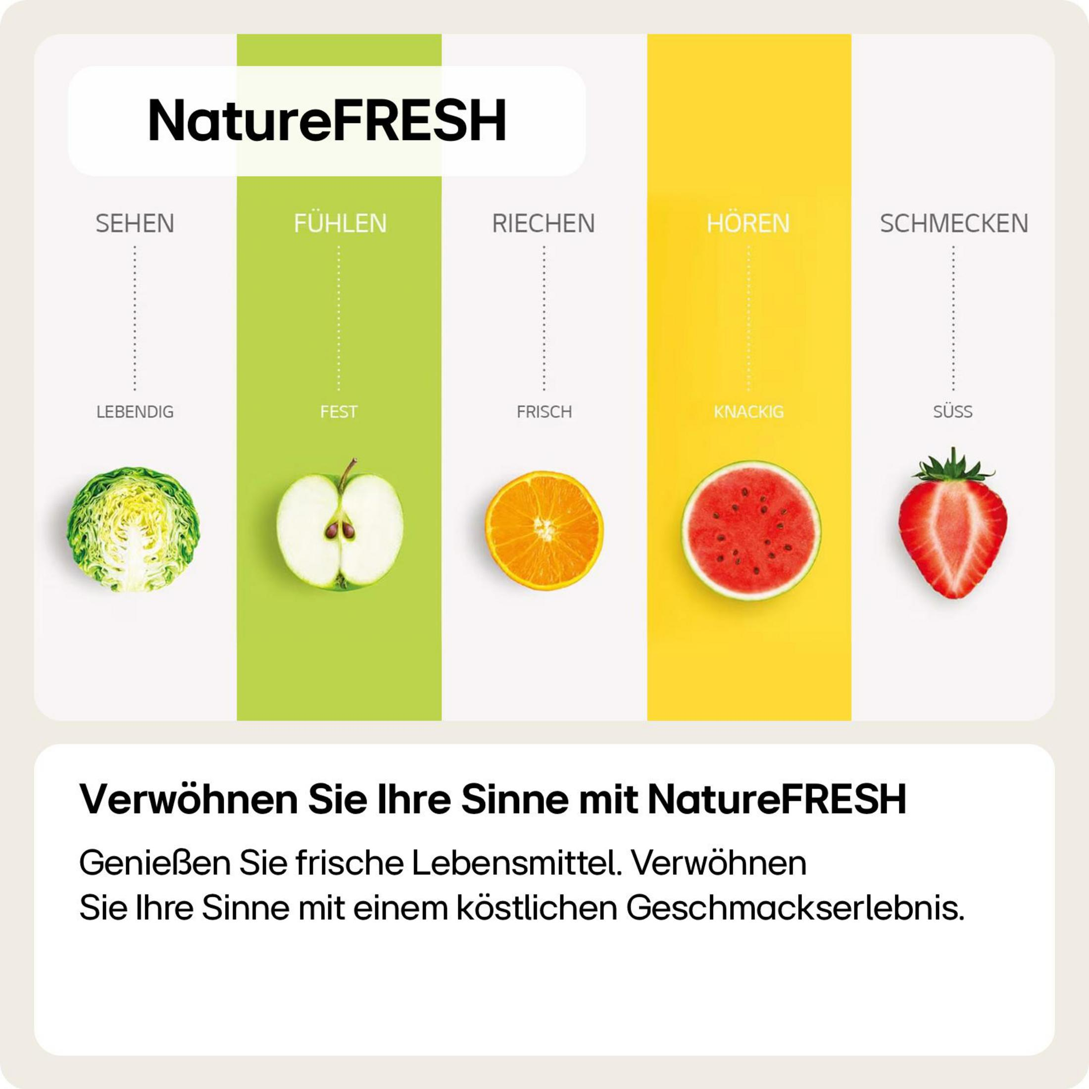 Grafico con sezioni etichettate con i sensi (vista, tatto, olfatto, udito, gusto) e alimenti correlati.