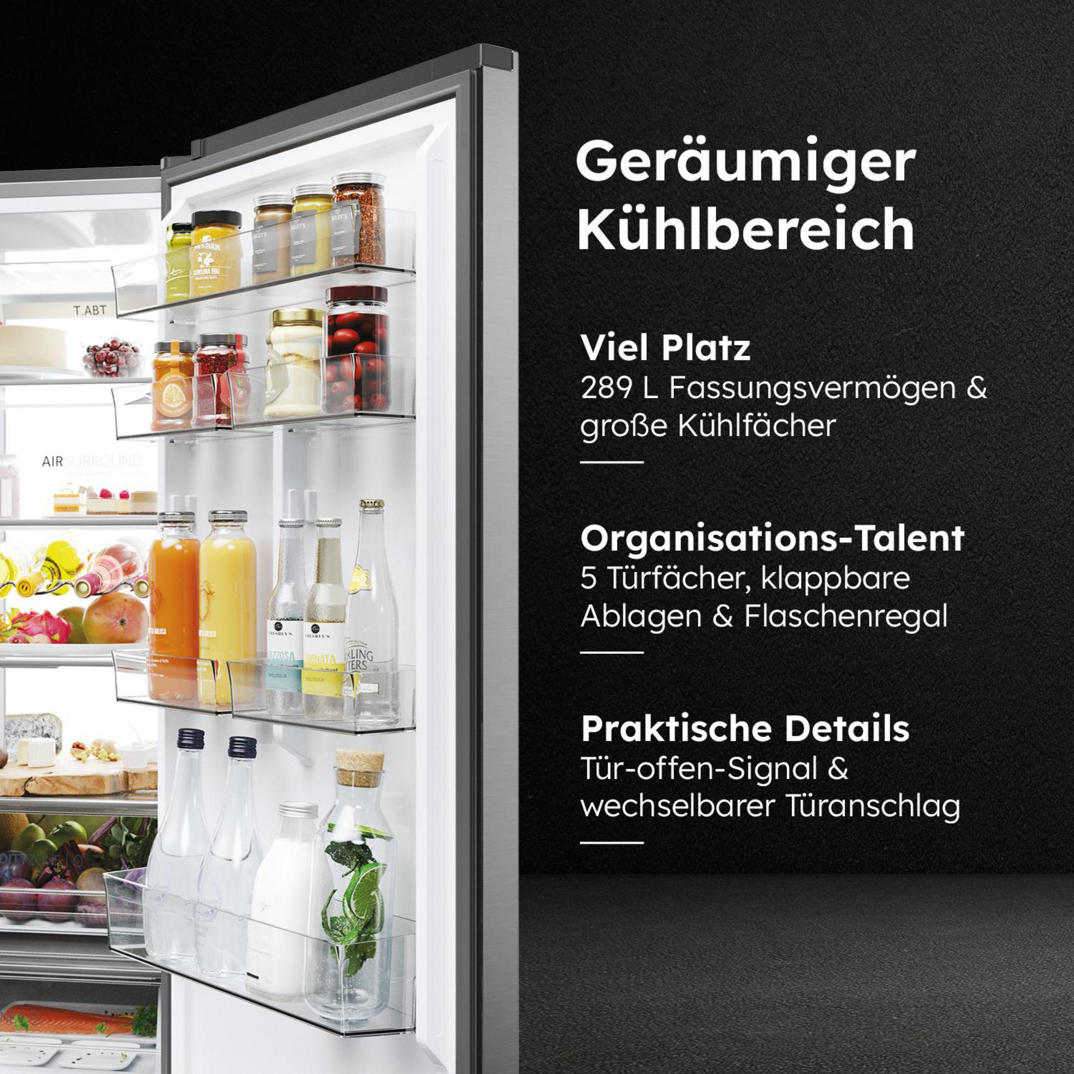Nahaufnahme einer geöffneten Kühlschranktür, gefüllt mit Lebensmitteln auf Regalen.