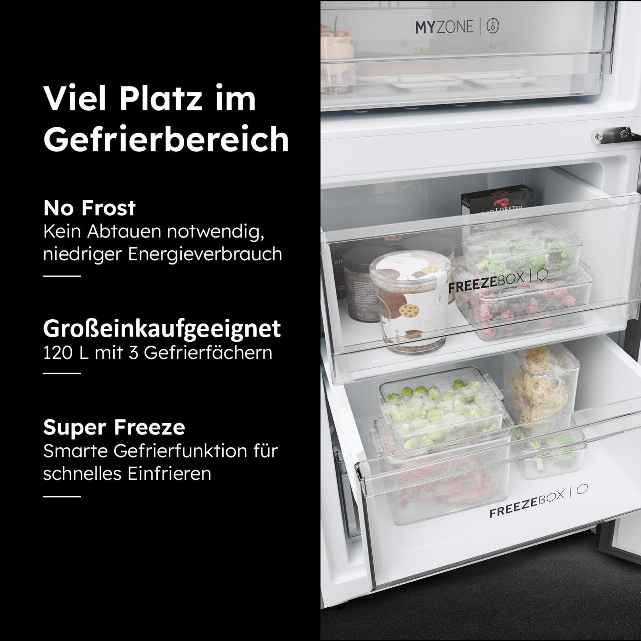 Nahaufnahme eines Gefrierbereichs mit Schubladen und Behältern, die mit gefrorenen Artikeln gefüllt sind.
