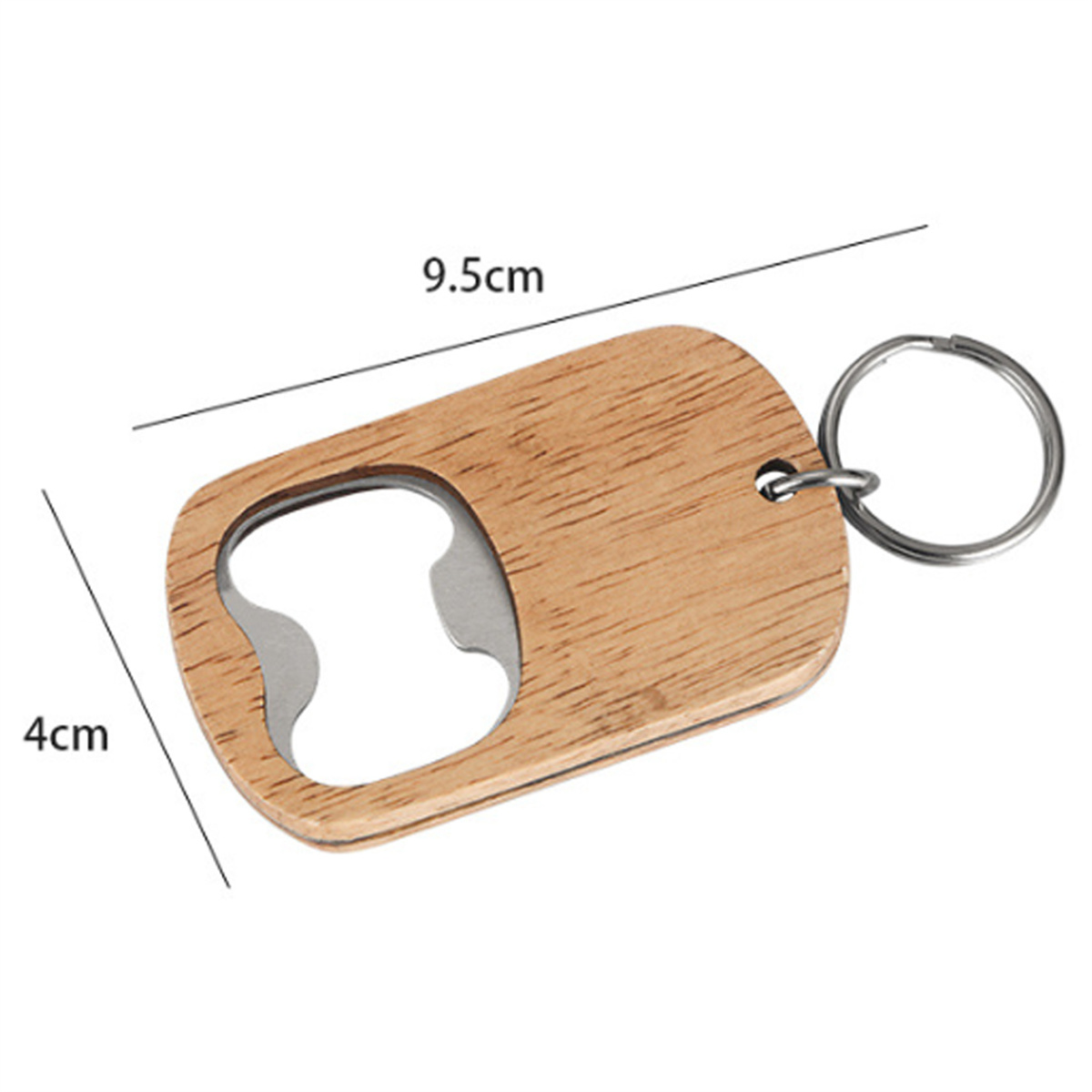 Flaschenöffner aus Holz mit Metallöffnung und Ring.