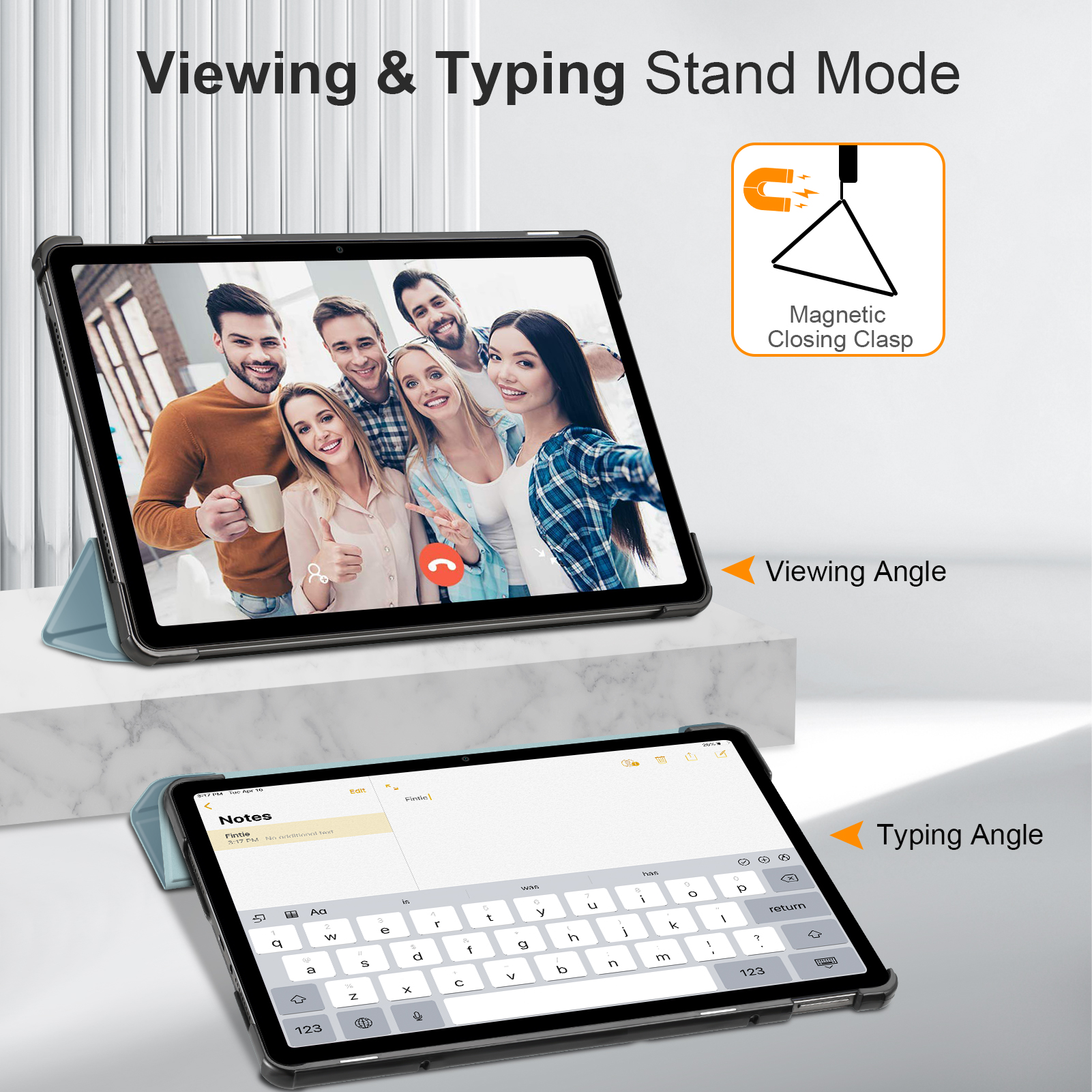 Tablet mit Personen, im Standmodus. Ein weiteres Tablet zeigt eine Tastatur. Textüberlagerungen.