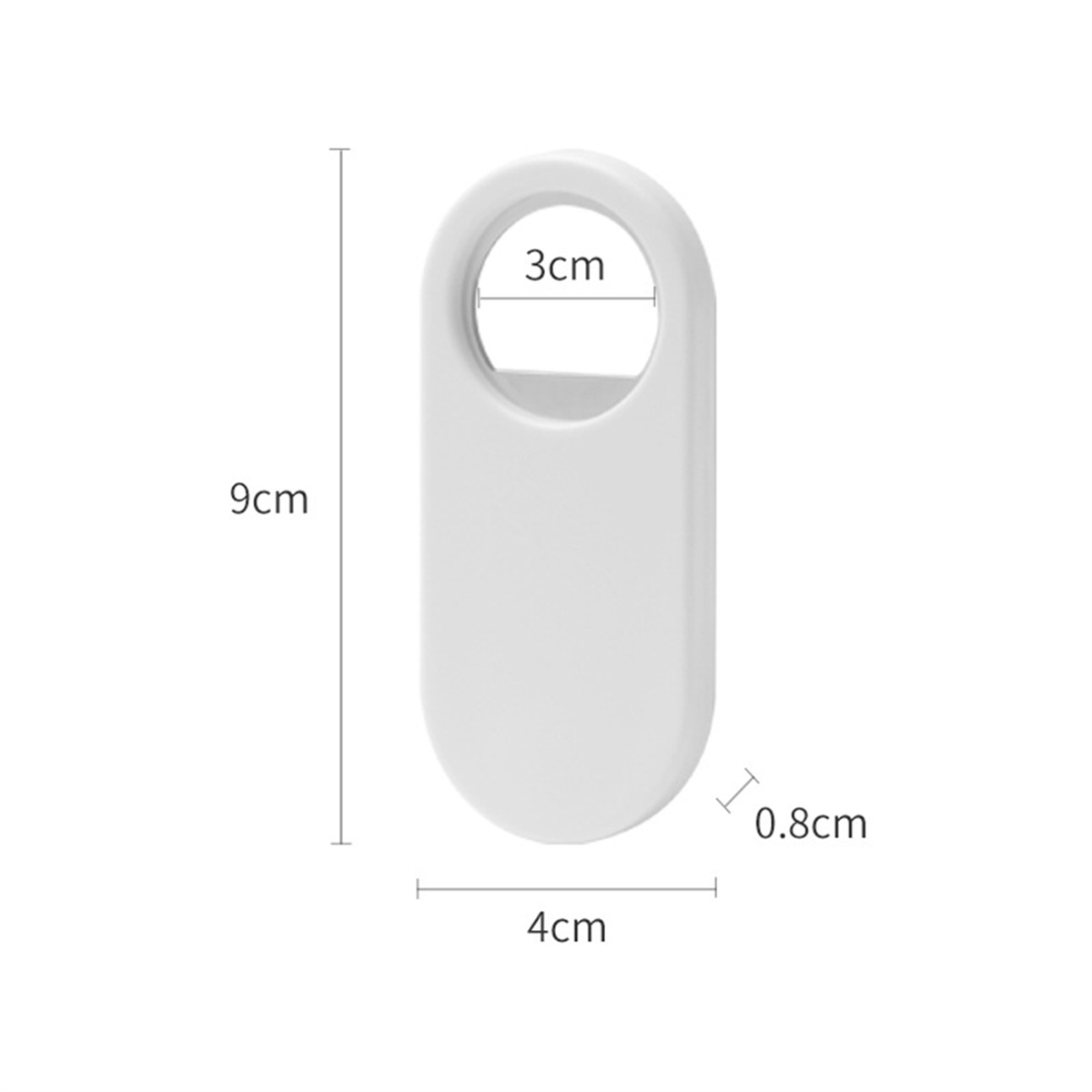 Ein weißer Flaschenöffner mit Maßen. Er ist oval geformt mit einem Loch zum Aufhängen und beschrifteten Abmessungen.