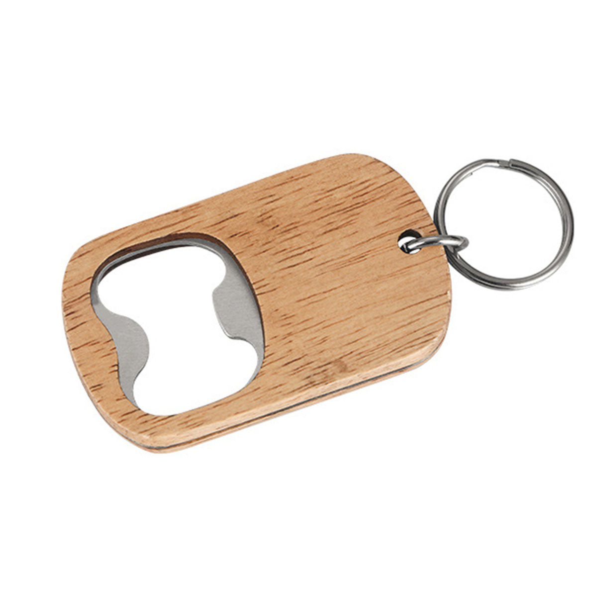 Flaschenöffner aus Holz mit Metallöffner. Er ist an einem Schlüsselring befestigt. Das Holz hat eine sichtbare Maserung.
