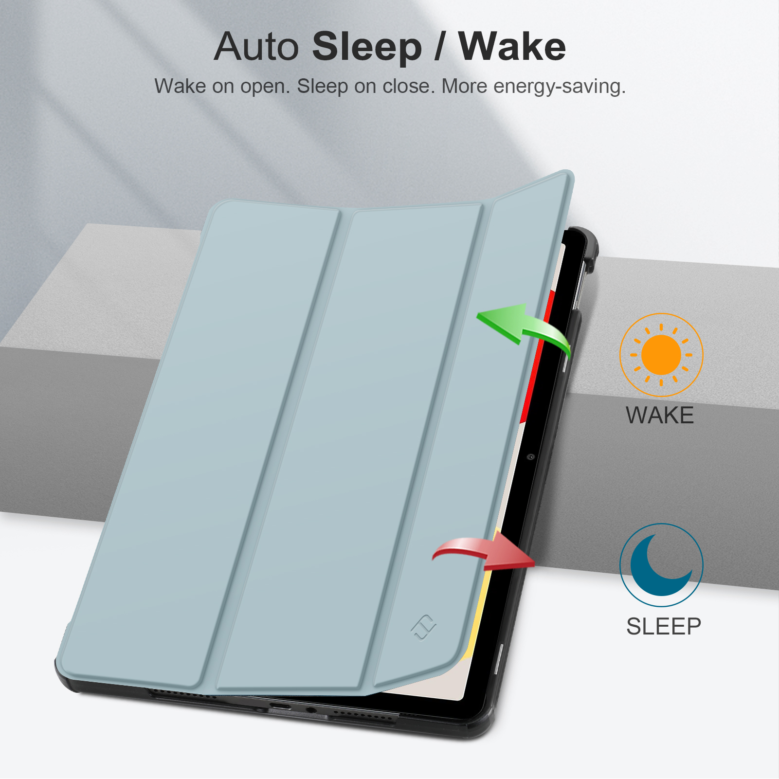 Eine Tablethülle mit Pfeilen und Text. Die Hülle ist geschlossen und enthält 'Auto Sleep/Wake'-Anweisungen.