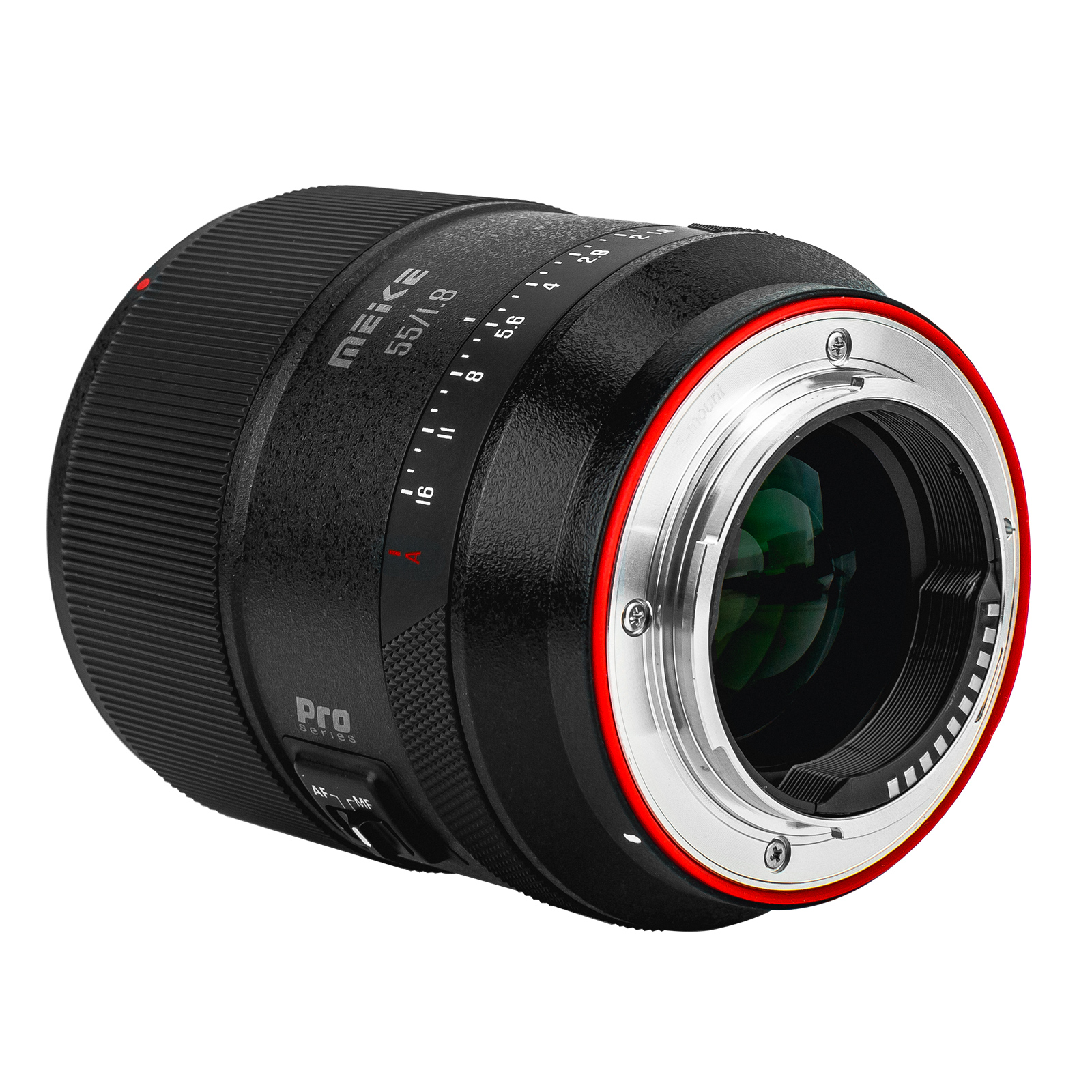 Ein schwarzes Kameraobjektiv mit rotem Ring und dem Text MEIKE 55/1.8 PRO Optics.