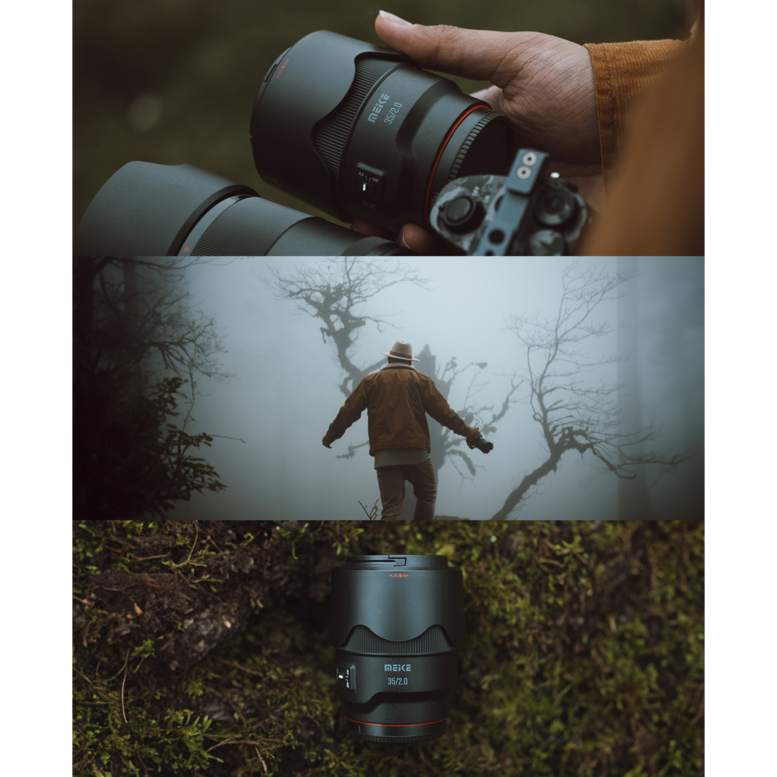 Eine Fotocollage: Kameraobjektiv, Person hält Kamera, Person geht im Nebel.