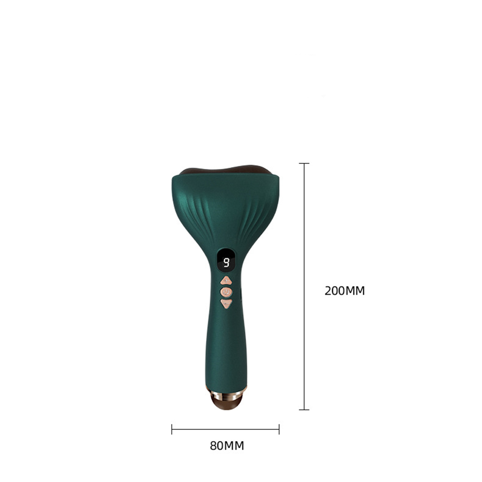 Ein grüner Gesichtsmassager mit Digitalanzeige und Knöpfen. Abmessungen: 200 mm x 80 mm.