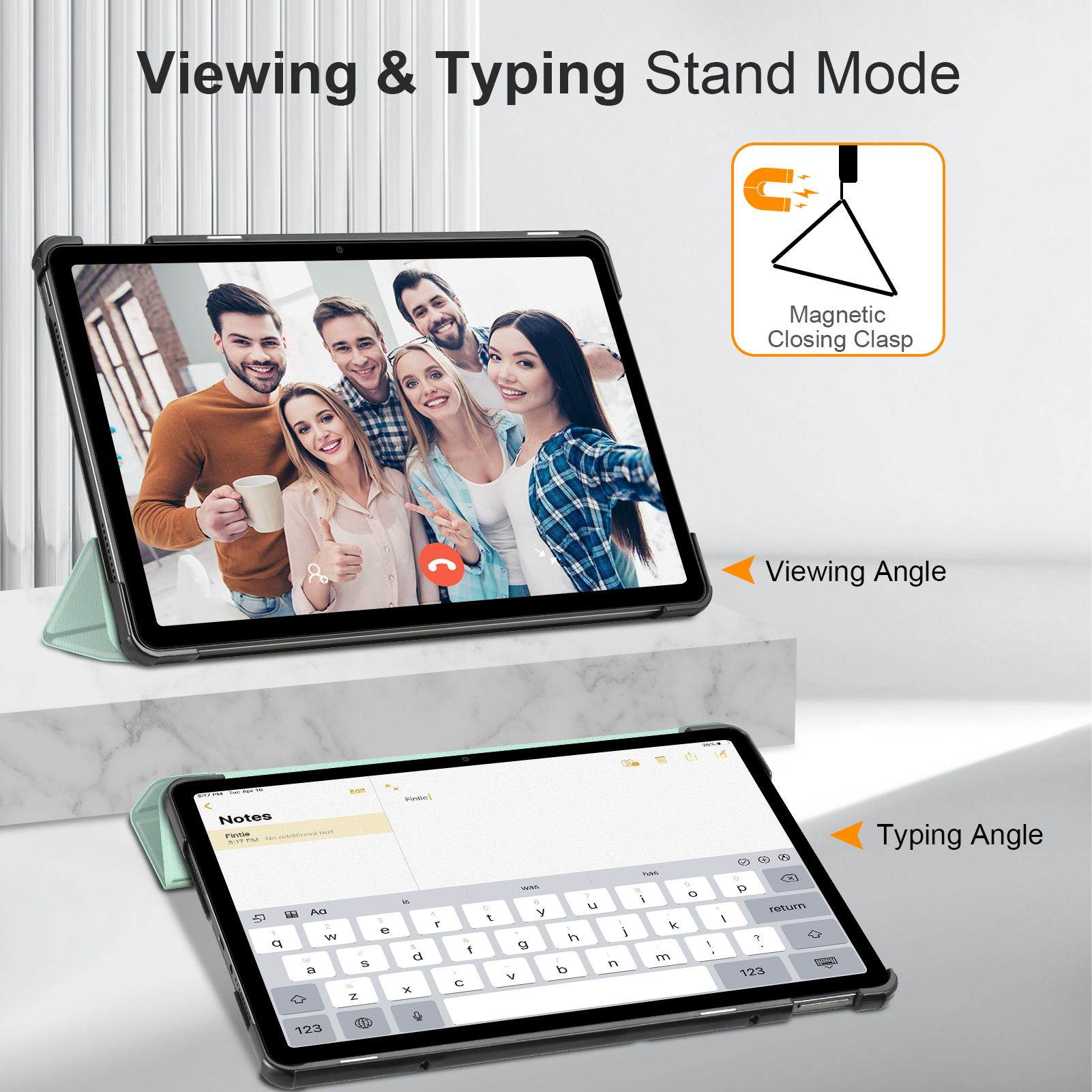Tablets zeigen Videoanruf und Tippmodus. Text: Viewing & Typing Stand Mode, mit magnetischem Verschluss.