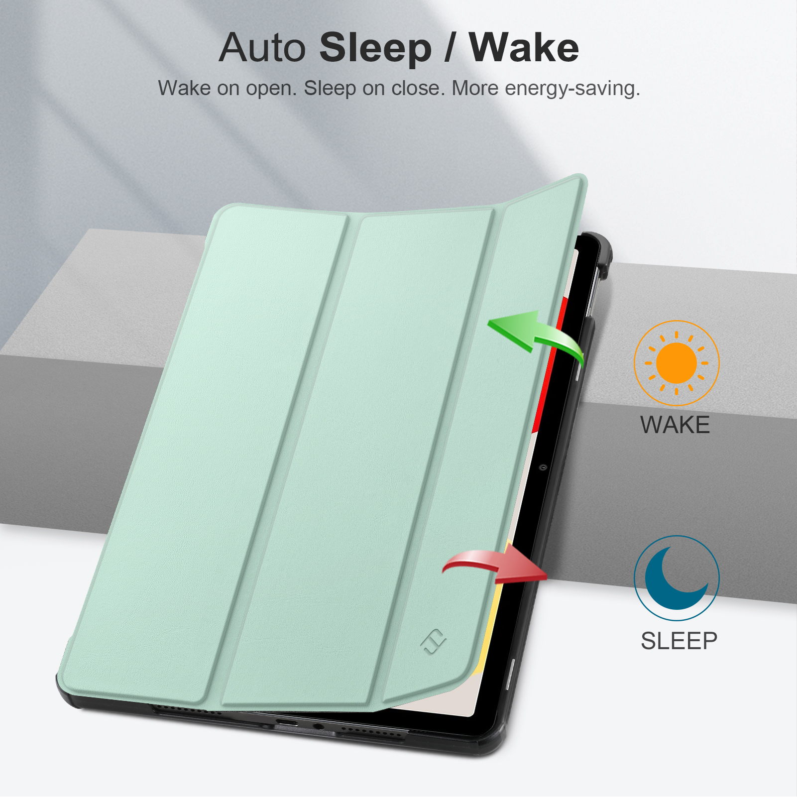 Tablet mit mintgrüner Hülle, teilweise geöffnet. Pfeile und Text zeigen die Auto-Sleep/Wake-Funktion.