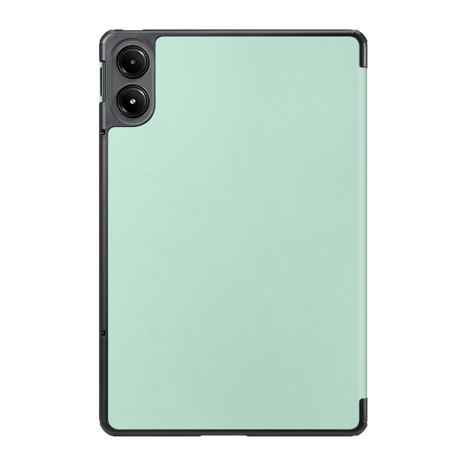 Tablet in einer mintgrünen Hülle mit schwarzem Rahmen. Die Oberseite hat zwei Kameralinsen.