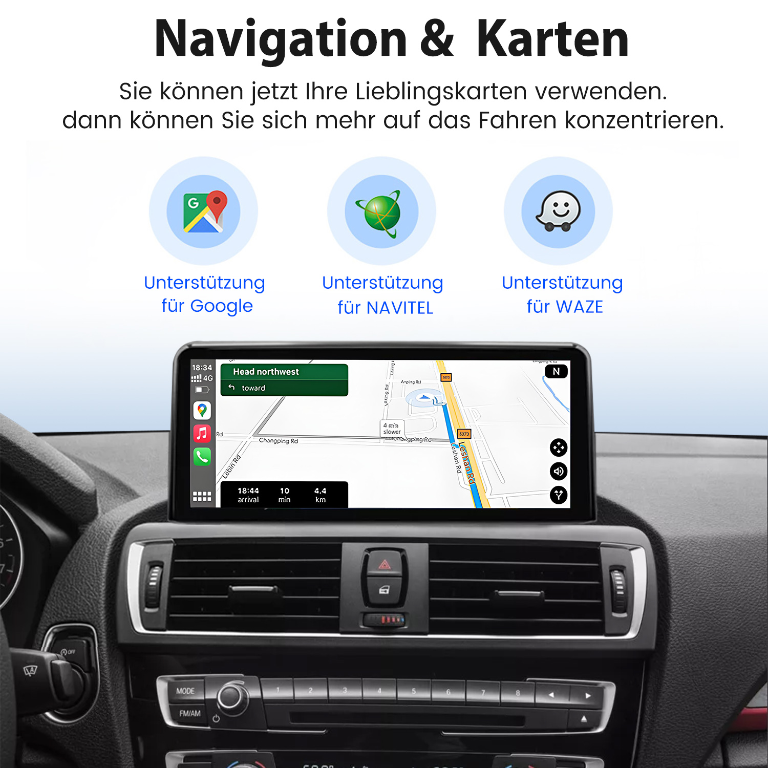 Auto-Display mit Karte und Navigations-Apps. Text: Navigation & Karten. Symbole für Google, Navitel, Waze.
