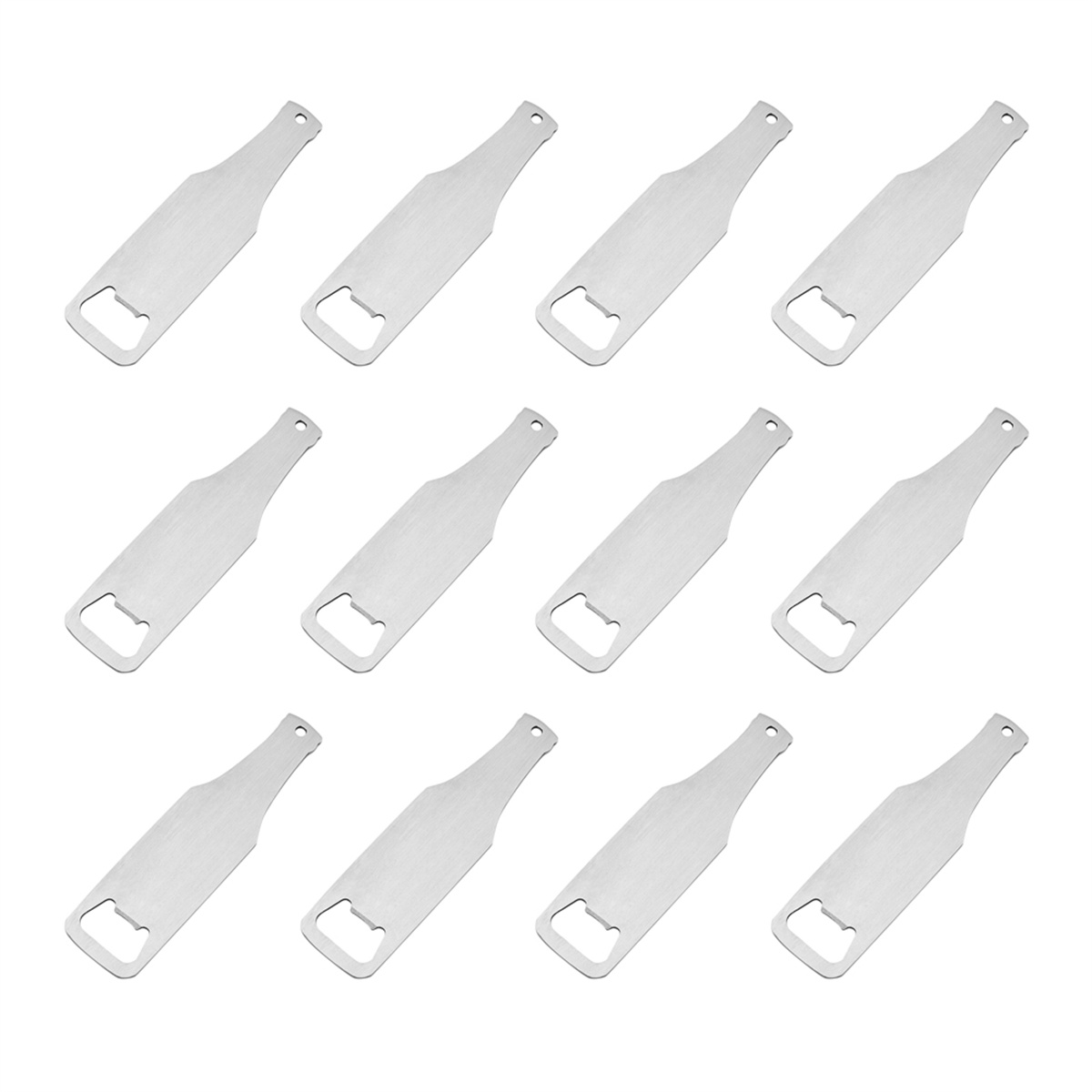 Ein Raster von zwölf silbernen Flaschenöffnern. Jeder ist wie eine Bierflasche auf weißem Hintergrund geformt.