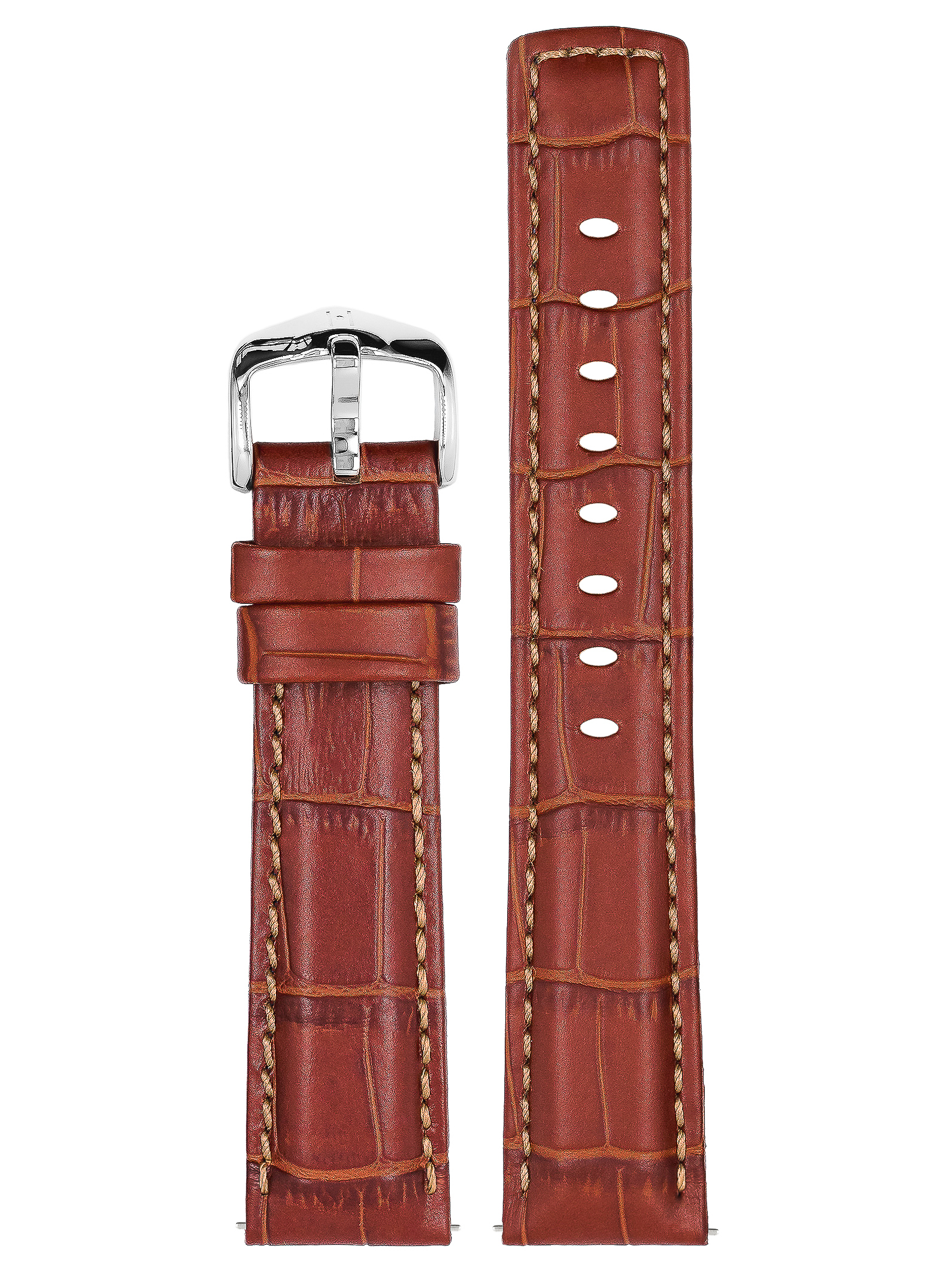 Ein braunes Lederarmband mit silberner Schnalle. Das Armband ist strukturiert und hat Nähte.