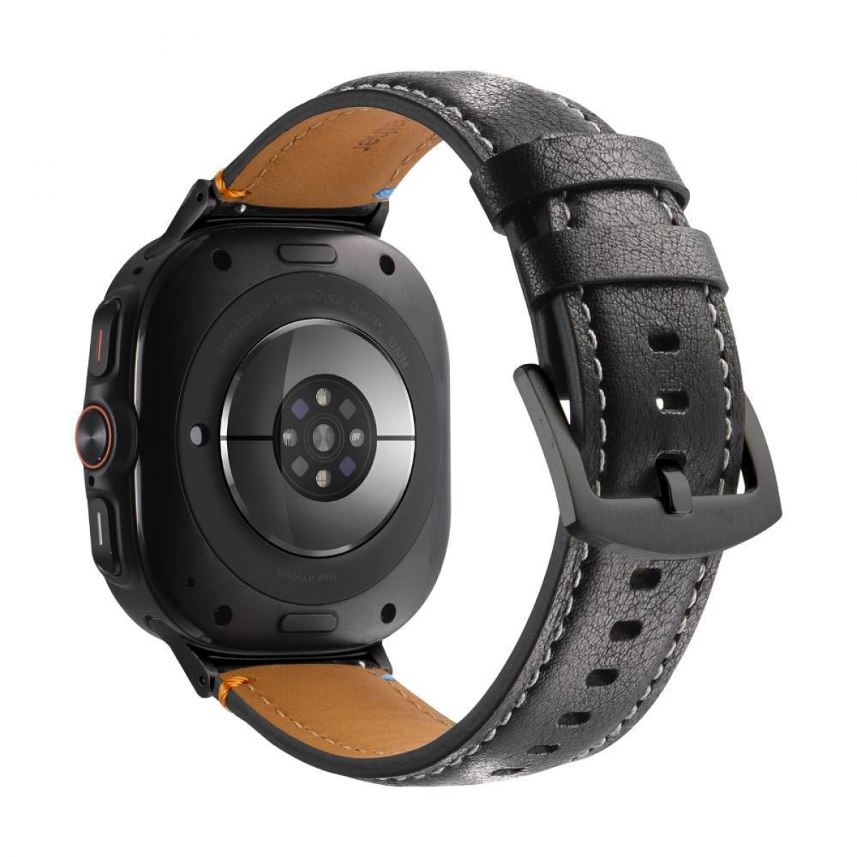 Schwarze Smartwatch mit schwarzem Armband und weißen Nähten. Der Hintergrund ist weiß.