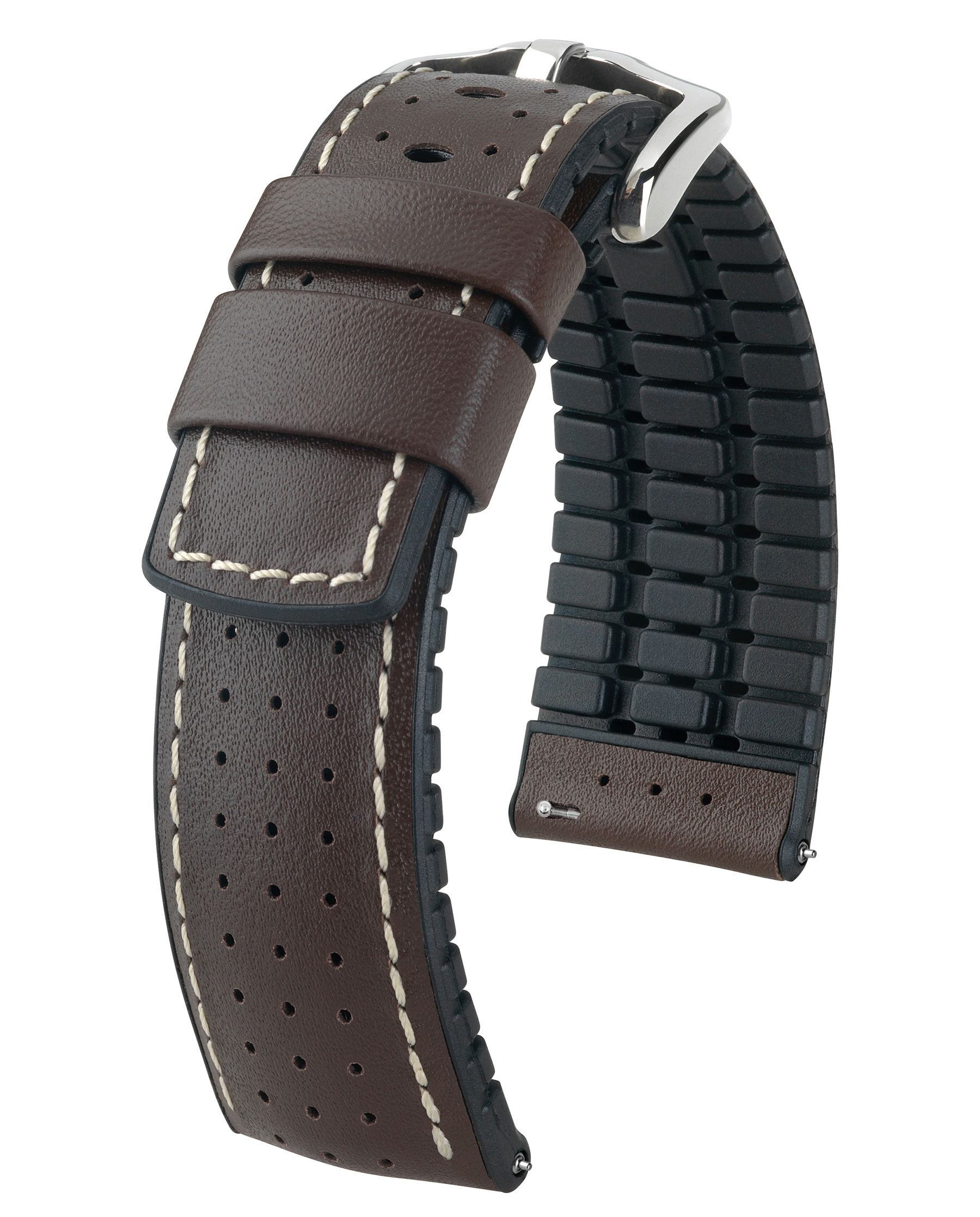 Braunes Leder-Uhrenarmband mit schwarzer Gummiunterseite und weißen Nähten. Silberschnalle.