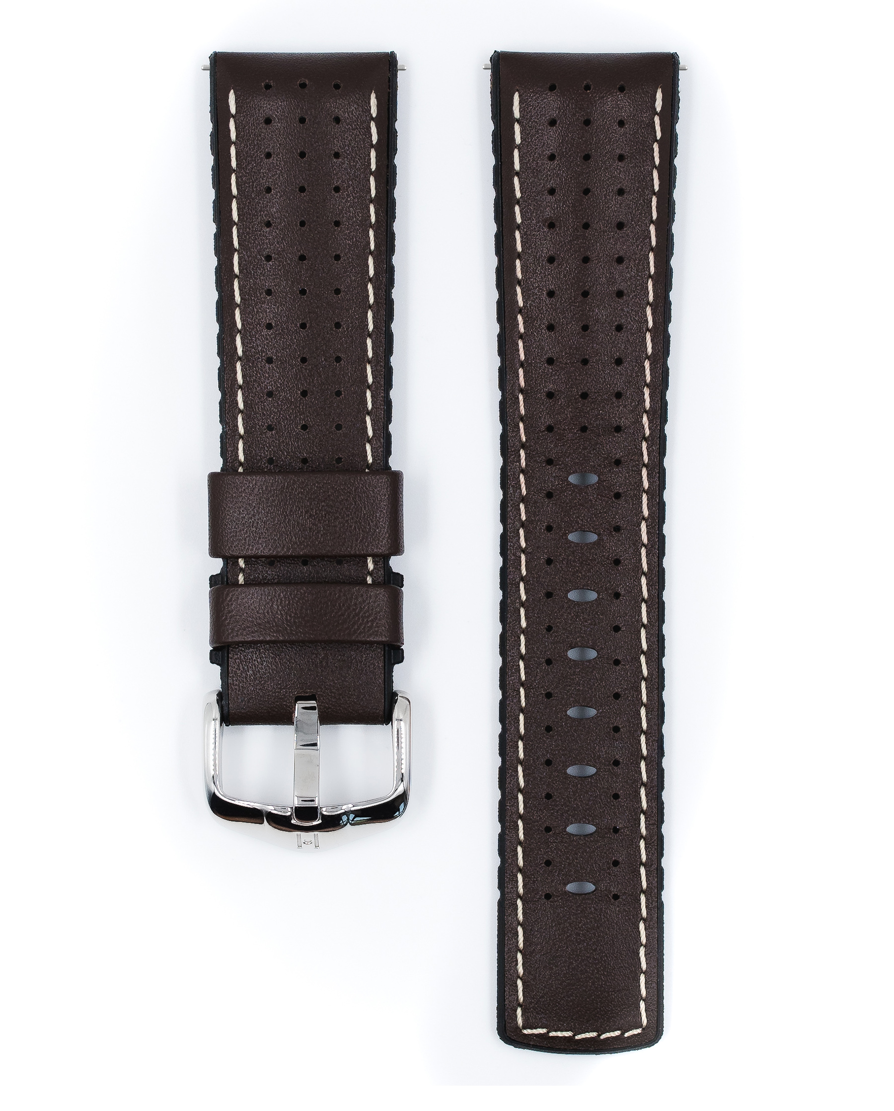 Braunes Leder-Uhrenarmband mit weißen Nähten. Perforiertes Design und Silberschnalle.
