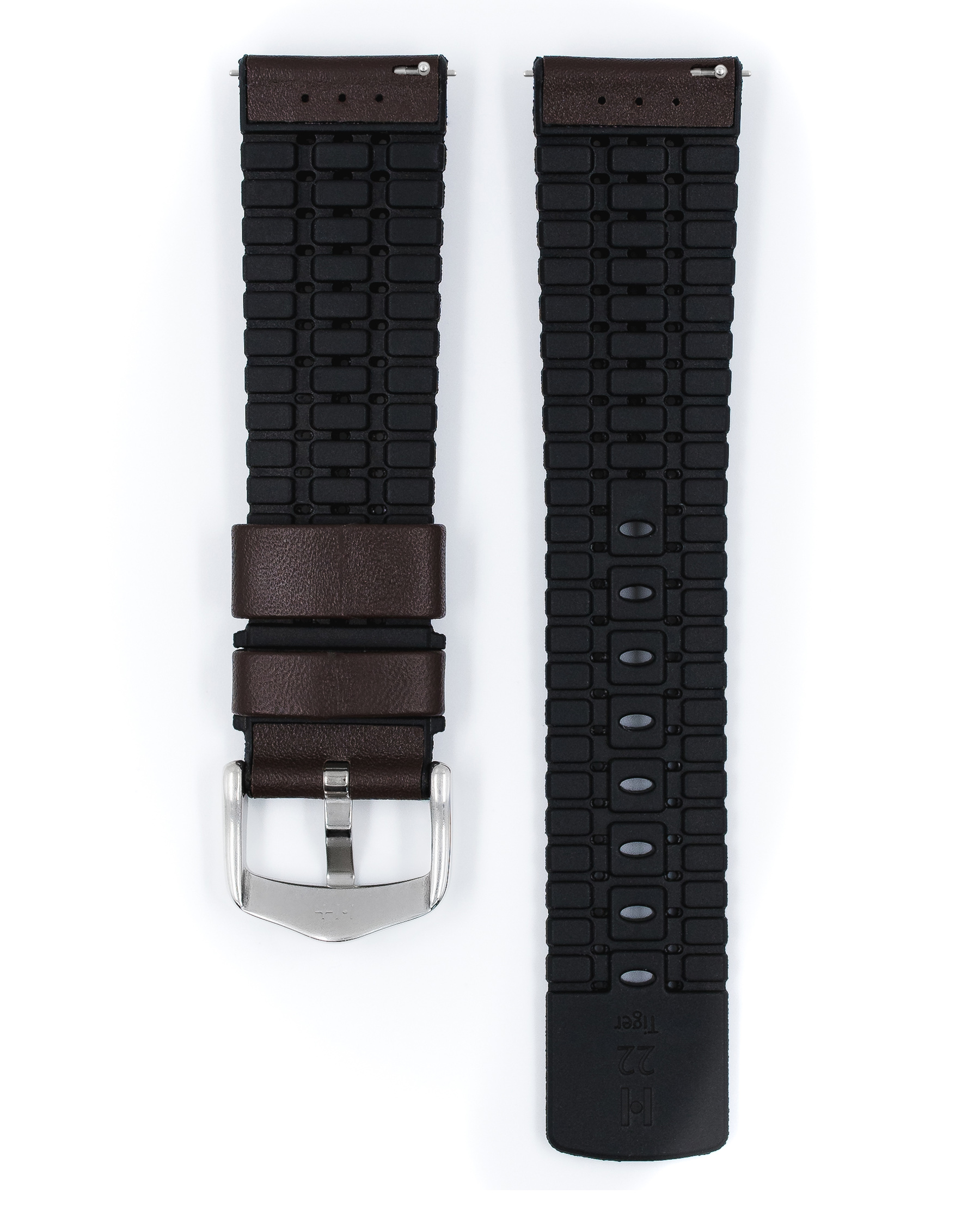 Braunes Leder-Uhrenarmband mit schwarzer Gummiunterseite. Silberschnalle. Auf weißem Hintergrund.