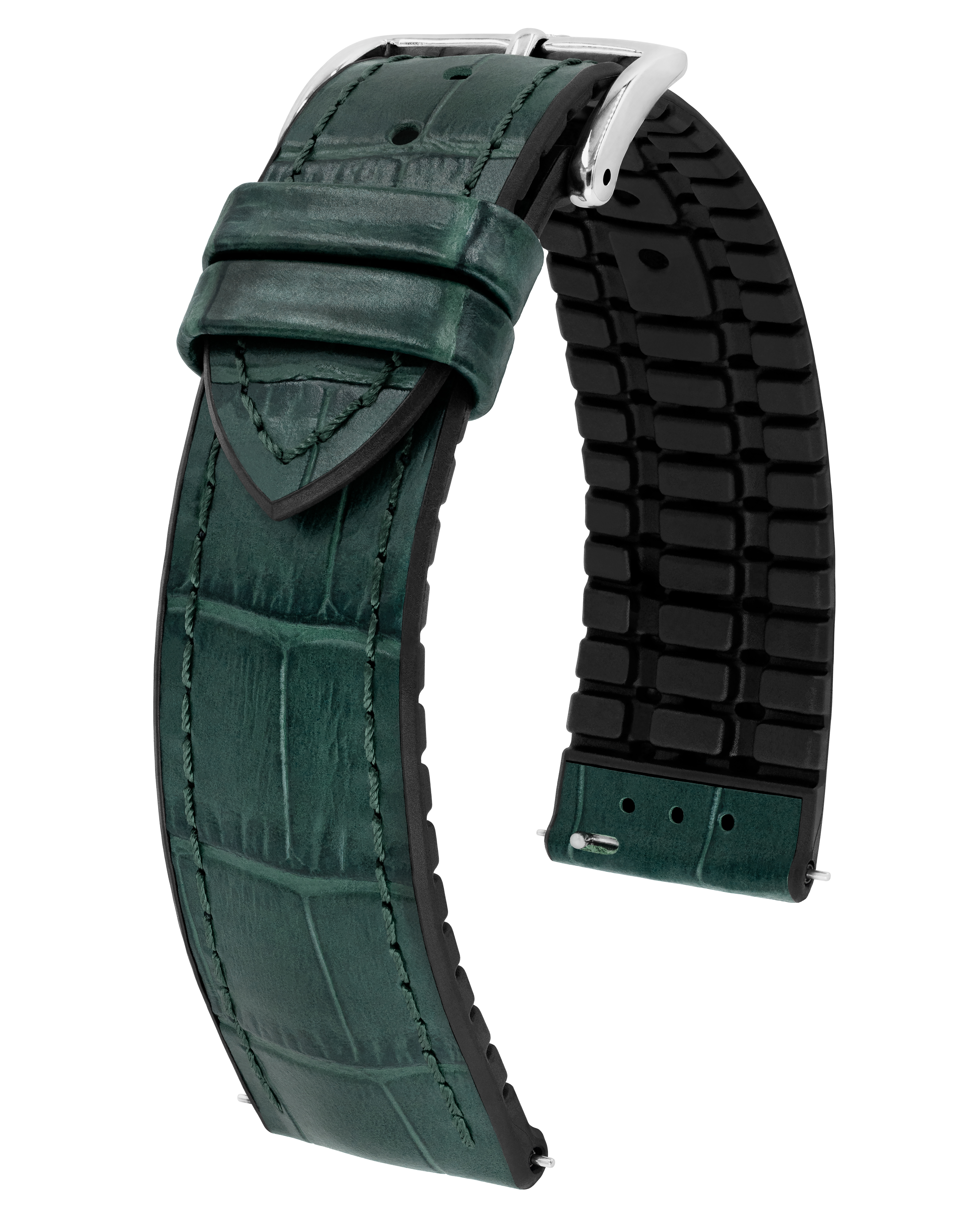 Grünes, geprägtes Alligator-Uhrenarmband mit schwarzer Gummiunterseite. Silberschnalle.
