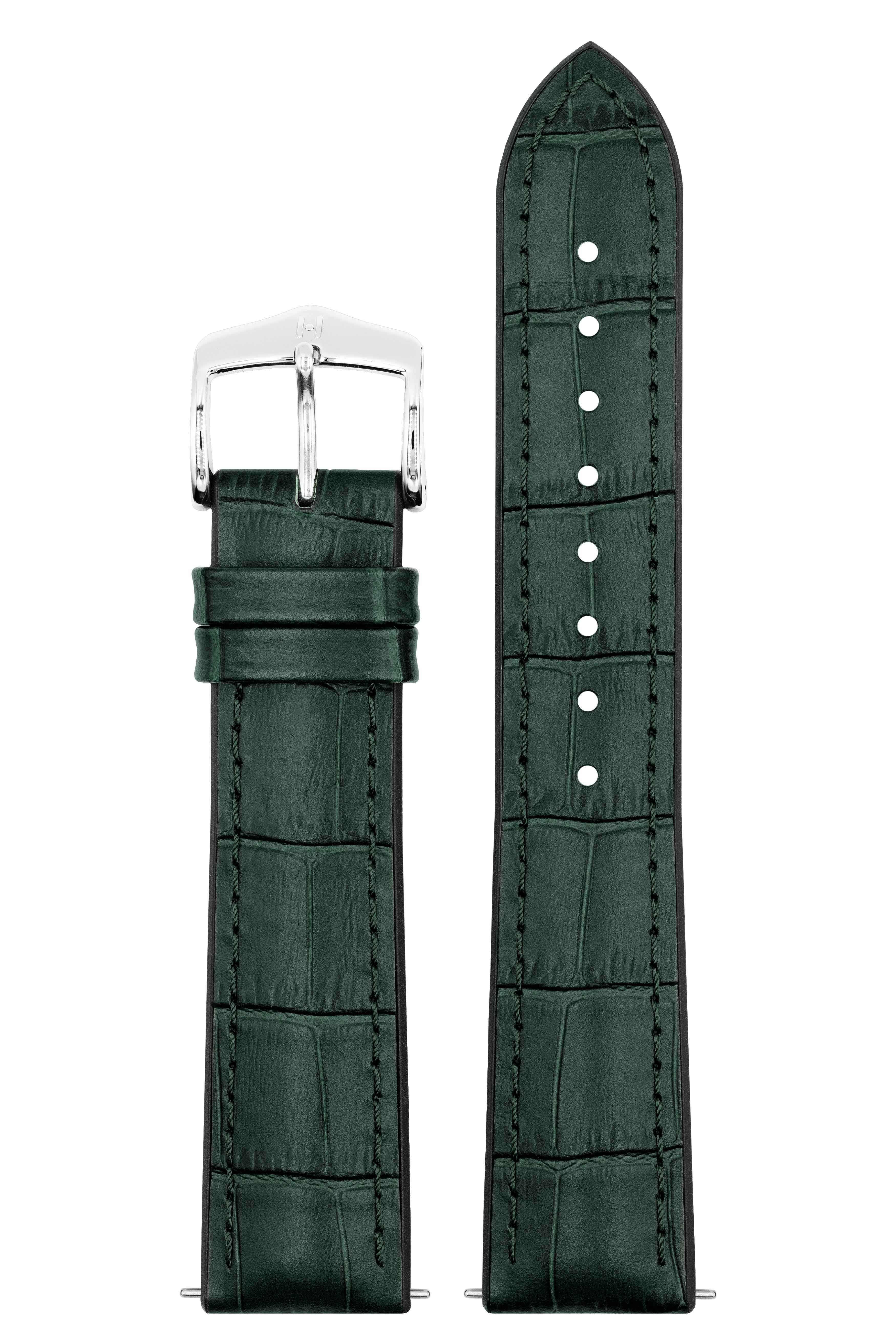 Grünes, geprägtes Alligator-Uhrenarmband mit Silberschnalle, auf weißem Hintergrund.
