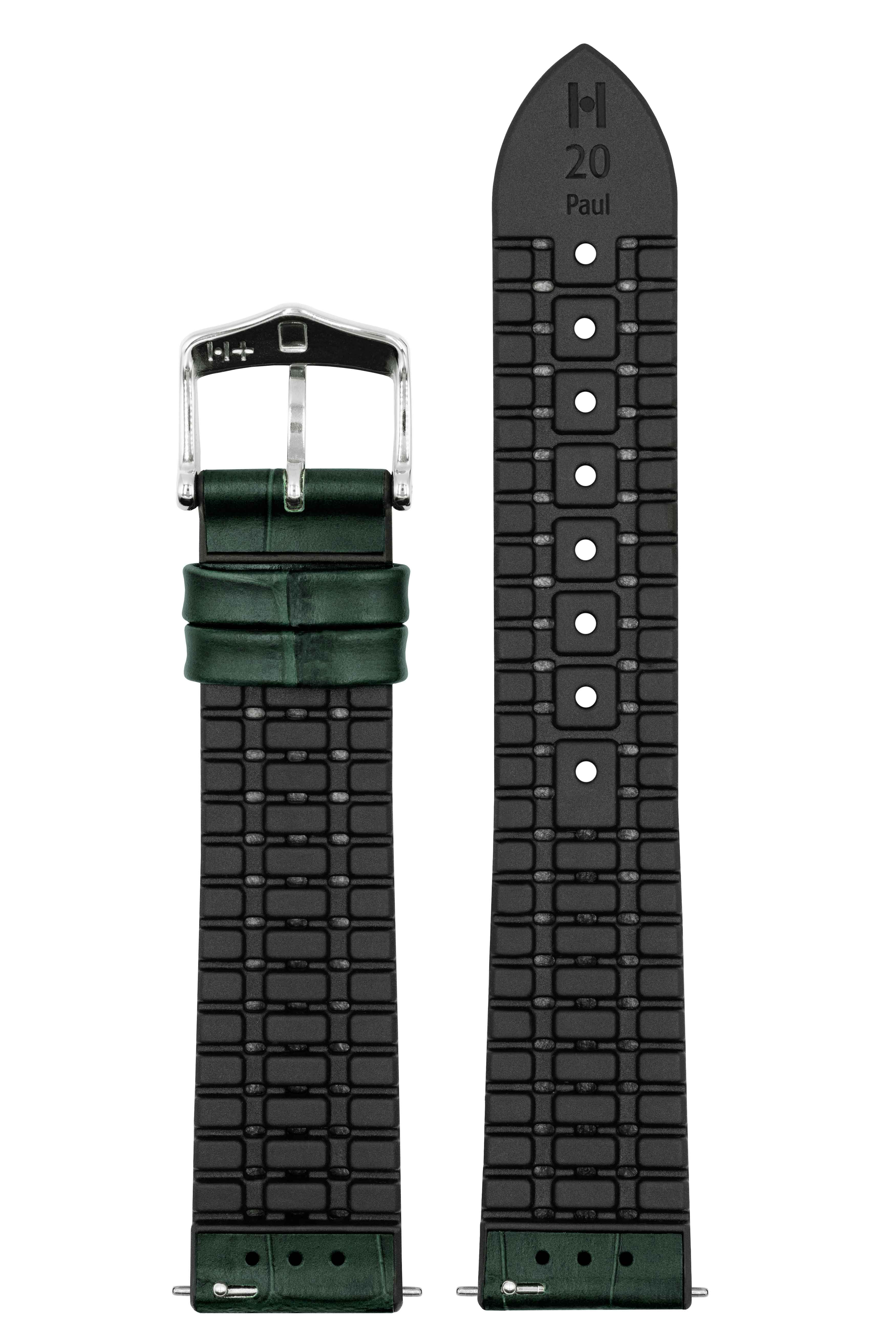 Grünes, geprägtes Alligator-Uhrenarmband mit schwarzer Gummiunterseite und Silberschnalle.