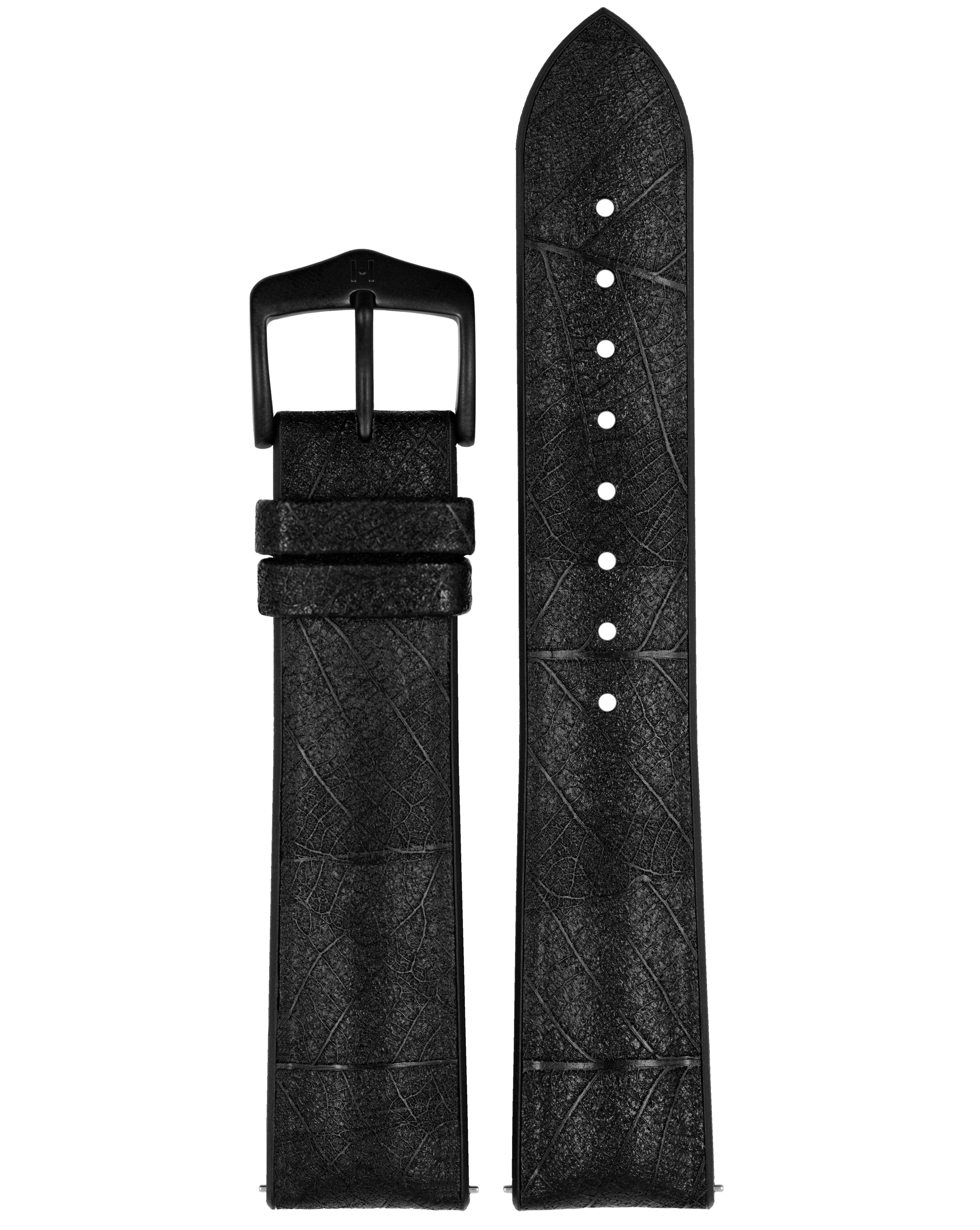 Schwarzes Uhrenarmband mit Blattmuster. Die Schnalle ist schwarz. Das Armband besteht aus zwei Teilen.