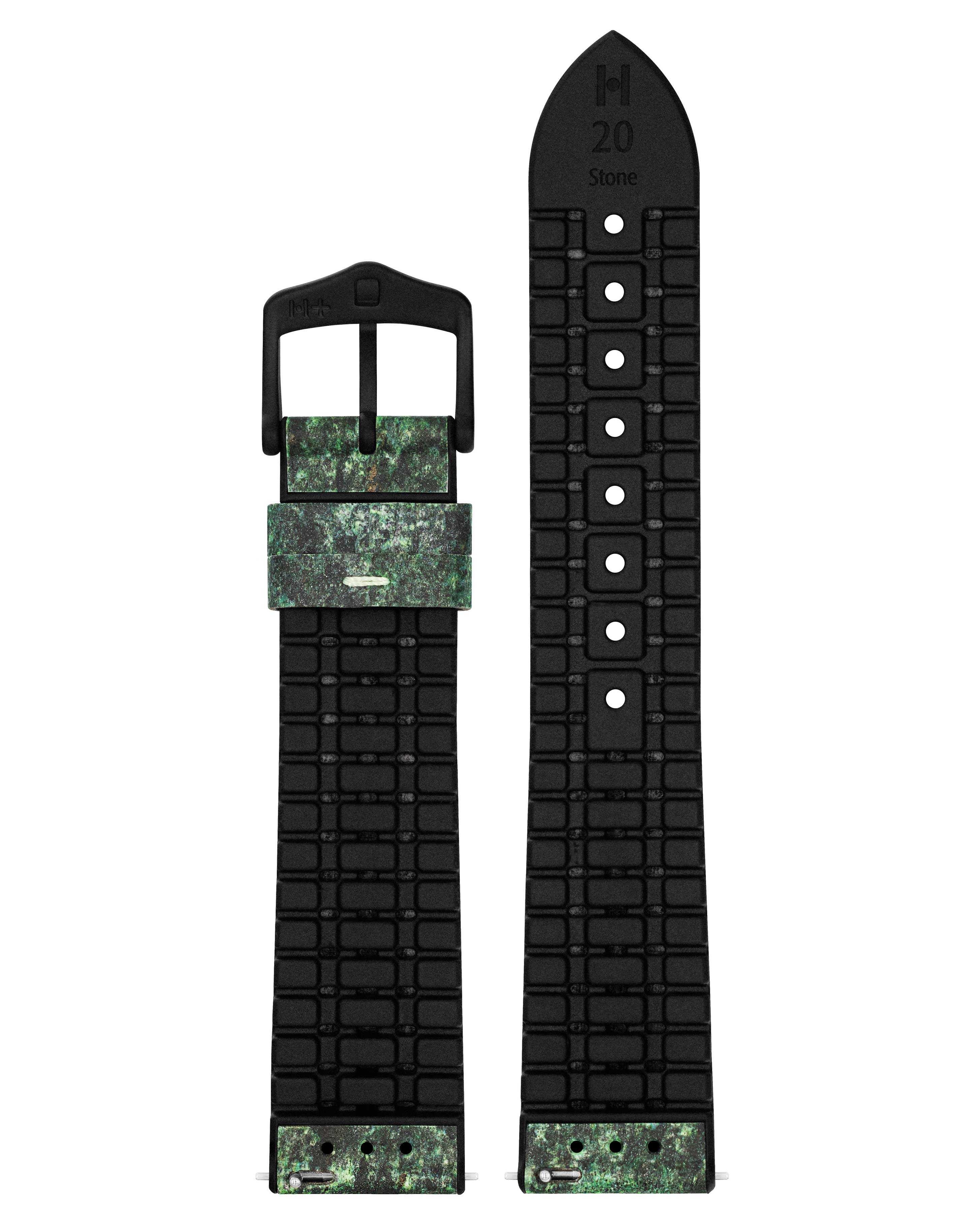 Grünes Uhrenarmband mit schwarzer Schnalle. Kombiniert grünes Leder mit schwarzem Ziegelmuster.